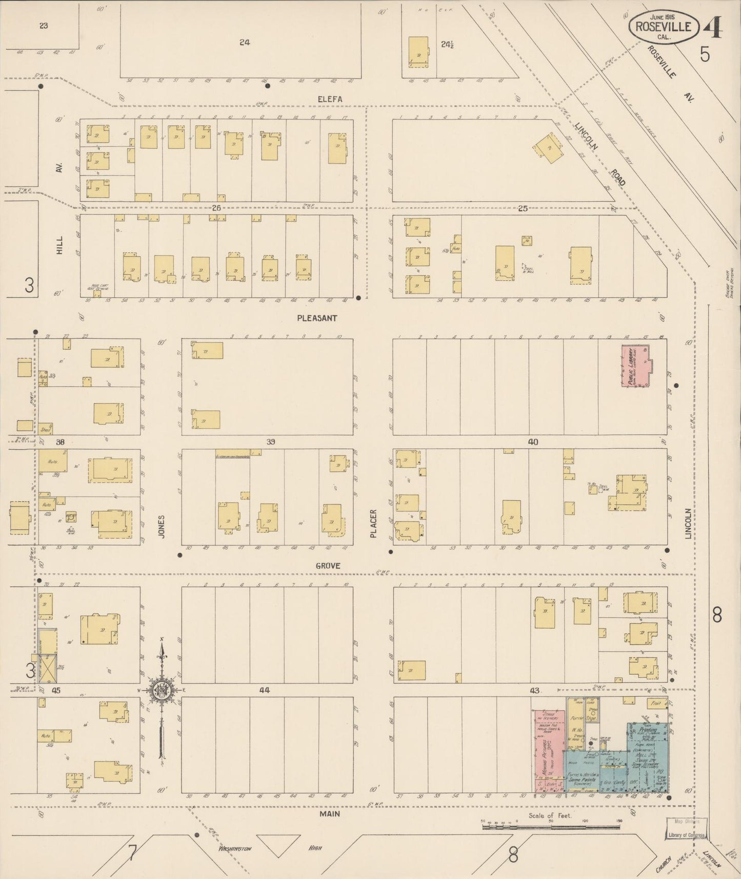 Sanborn Fire Insurance Map from Roseville, Placer County, California (1915), Sheet #0004 - Complete Map Set gallery image, historic Sanborn map, vintage wall art, California California