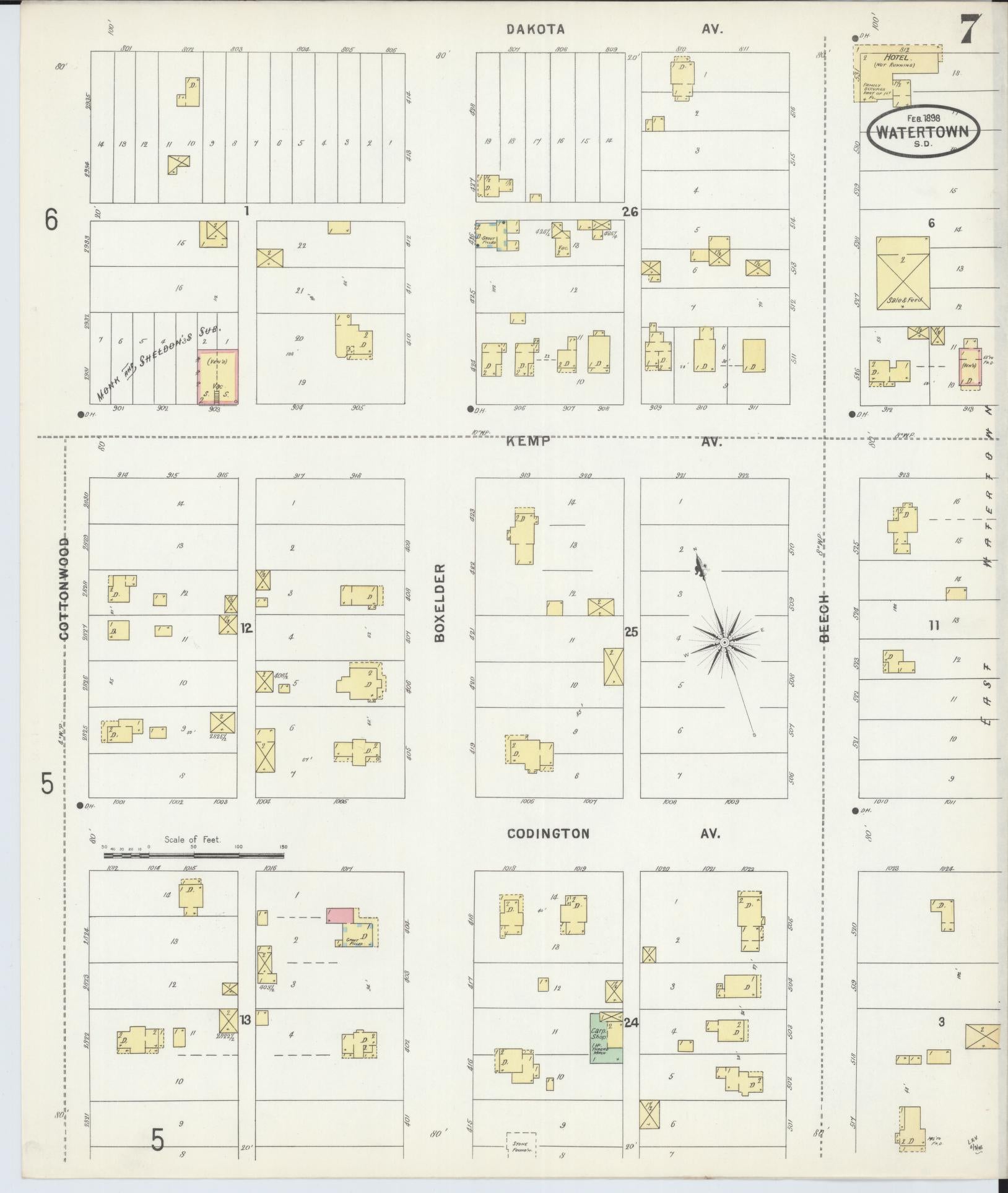 Sanborn Fire Insurance Map from Watertown, Codington County, South Dakota (1898), Sheet #0007 - Historic Sanborn Fire Insurance Map Print, vintage old map wall art, antique decor, genealogy gift, South Dakota South Dakota map