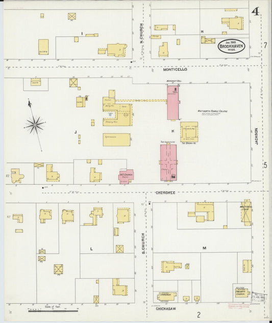 Sanborn Fire Insurance Map from Brookhaven, Lincoln County, Mississippi (1905), Sheet #0004 - Historic Sanborn Fire Insurance Map Print, vintage old map wall art, antique decor, genealogy gift, Mississippi Mississippi map