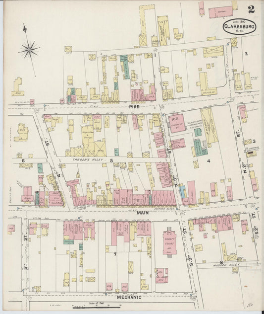 Sanborn Fire Insurance Map from Clarksburg, Harrison County, West Virginia (1890), Sheet #0002 - Historic Sanborn Fire Insurance Map Print, vintage old map wall art, antique decor, genealogy gift, West Virginia West Virginia map