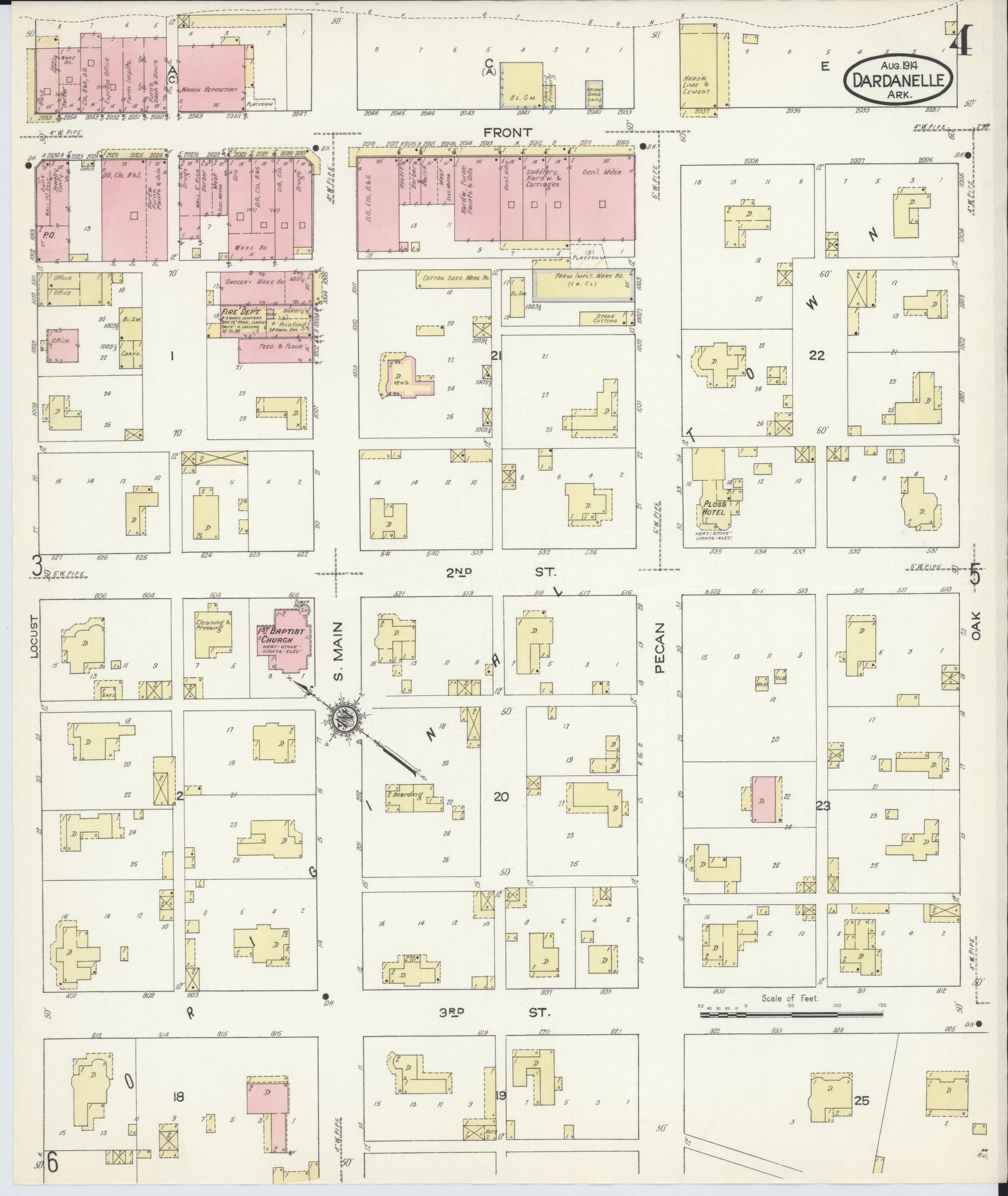 Sanborn Fire Insurance Map from Dardanelle, Yell County, Arkansas (1914), Sheet #0004 - Historic Sanborn Fire Insurance Map Print, vintage old map wall art, antique decor, genealogy gift, Arkansas Arkansas map
