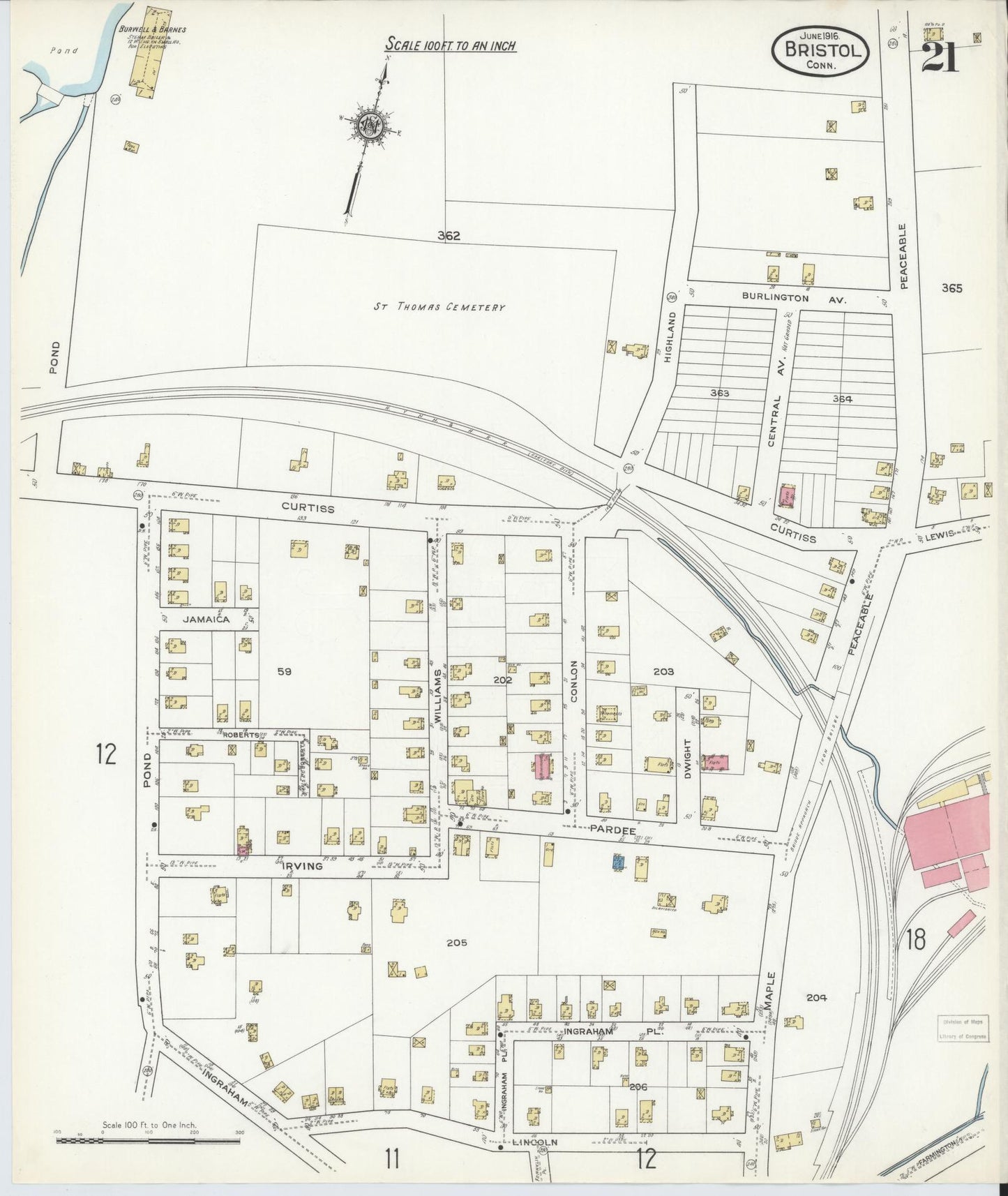 Sanborn Fire Insurance Map from Bristol, Hartford County, Connecticut (1916), Sheet #0021 - Complete Map Set gallery image, historic Sanborn map, vintage wall art, Connecticut Connecticut