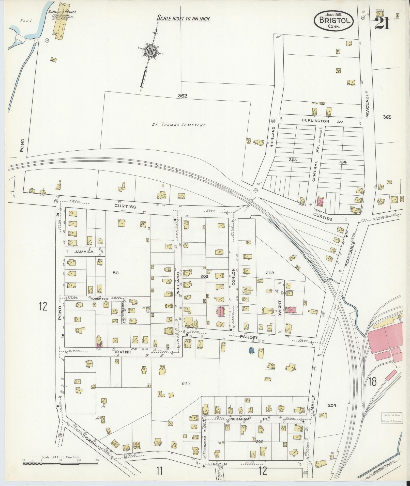 Sanborn Fire Insurance Map from Bristol, Hartford County, Connecticut (1916), Sheet #0021 - Complete Map Set gallery image, historic Sanborn map, vintage wall art, Connecticut Connecticut