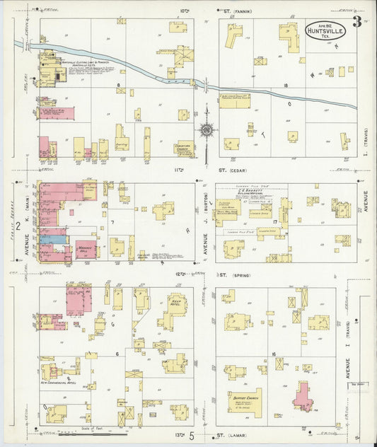 Sanborn Fire Insurance Map from Huntsville, Walker County, Texas (1912), Sheet #0003 - Historic Sanborn Fire Insurance Map Print, vintage old map wall art, antique decor, genealogy gift, Texas Texas map