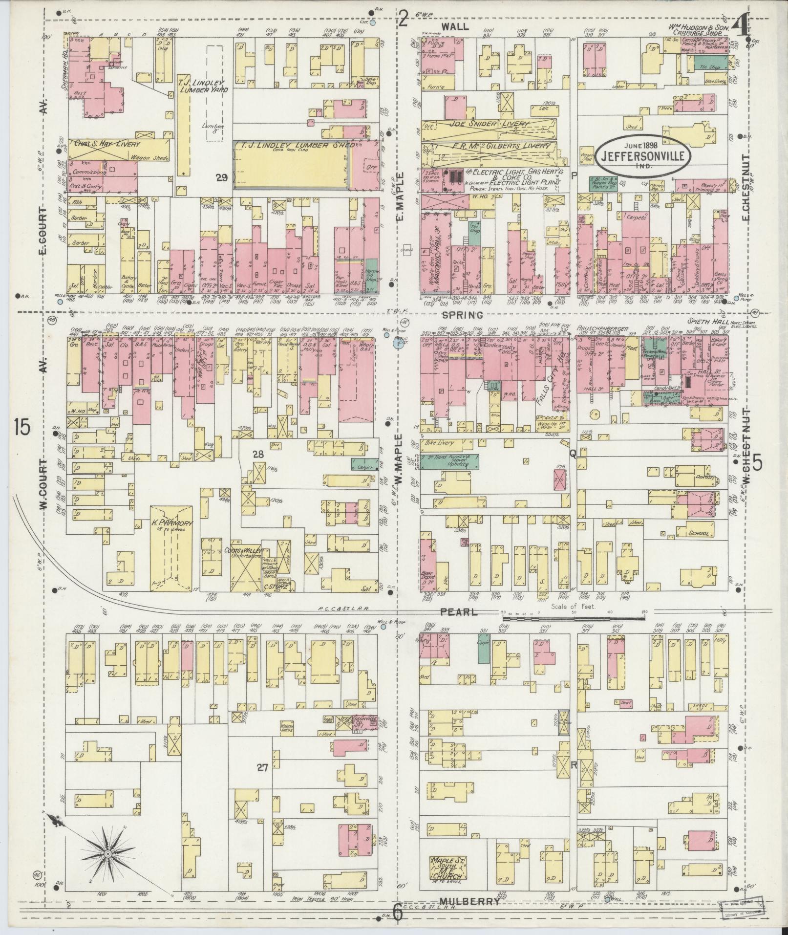 Sanborn Fire Insurance Map from Jeffersonville, Clark County, Indiana (1898), Sheet #0004 - Historic Sanborn Fire Insurance Map Print, vintage old map wall art, antique decor, genealogy gift, Indiana Indiana map