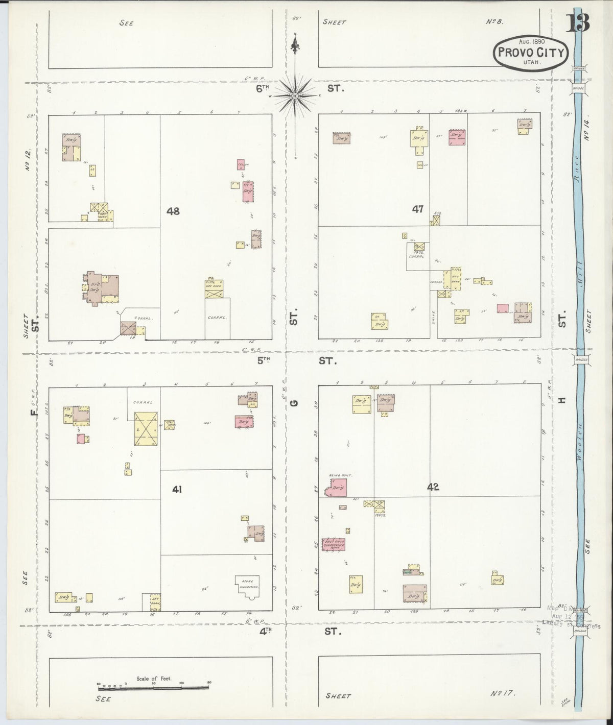 Sanborn Fire Insurance Map from Provo, Utah County, Utah (1890), Sheet #0013 - Historic Sanborn Fire Insurance Map Print, vintage old map wall art, antique decor, genealogy gift, Provo Utah map
