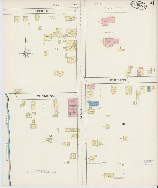 Sanborn Fire Insurance Map from Athens, Bradford County, Pennsylvania (1885), Sheet #0004 - Historic Sanborn Fire Insurance Map Print, vintage old map wall art, antique decor, genealogy gift, Pennsylvania Pennsylvania map