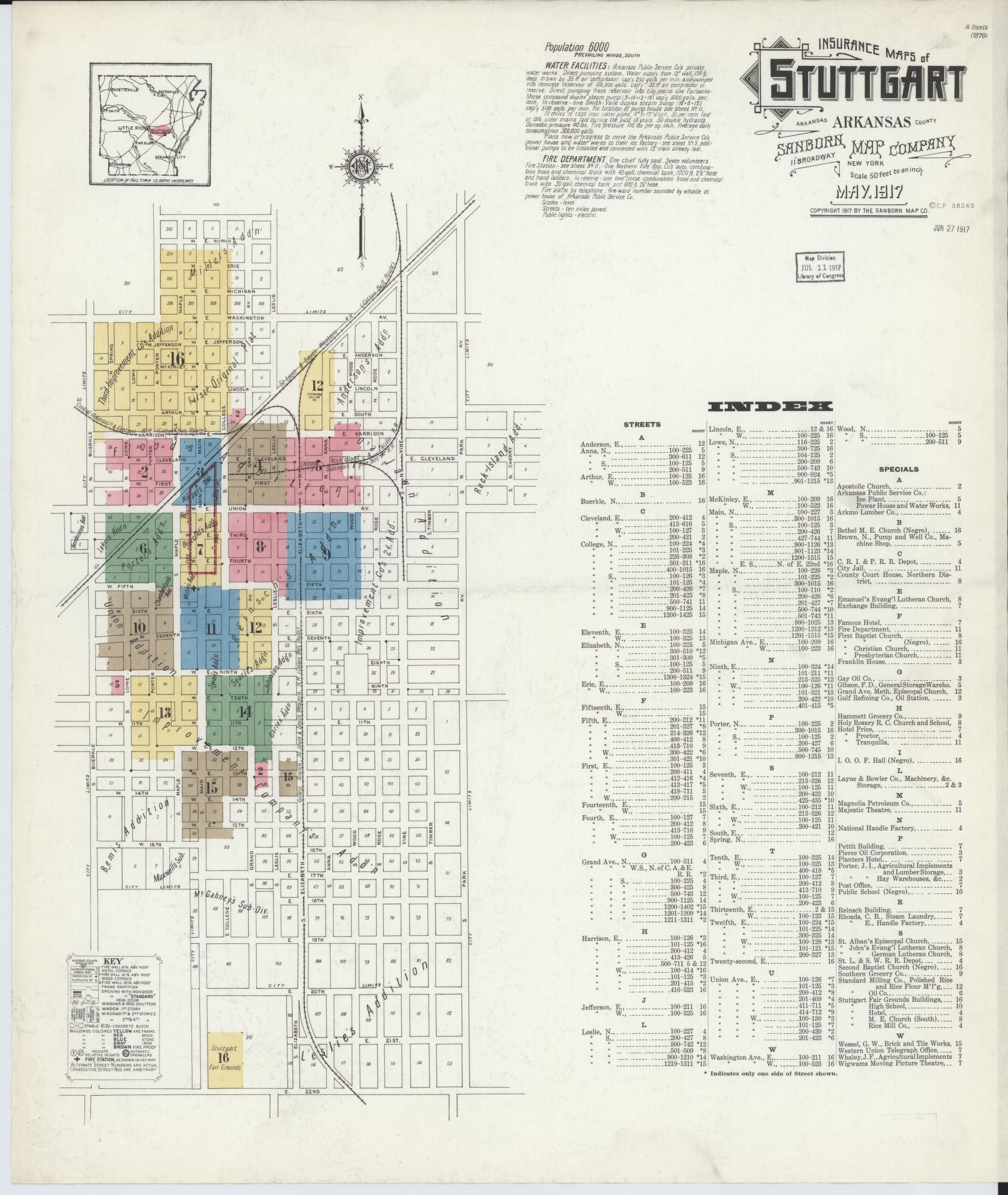 Sanborn Fire Insurance Map from Stuttgart, Arkansas County, Arkansas (1917), Sheet #0001 - Complete Map Set gallery image, historic Sanborn map, vintage wall art, Stuttgart Arkansas