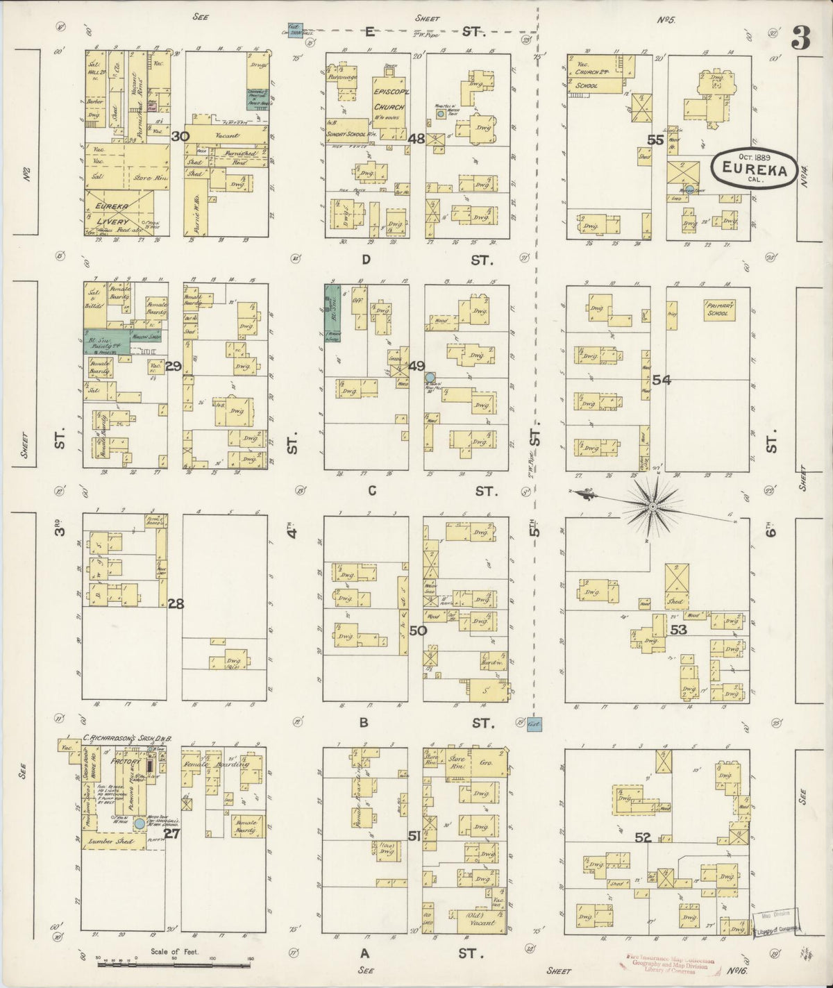Sanborn Fire Insurance Map from Eureka, Humboldt County, California (1889), Sheet #0003 - Complete Map Set gallery image, historic Sanborn map, vintage wall art, California California