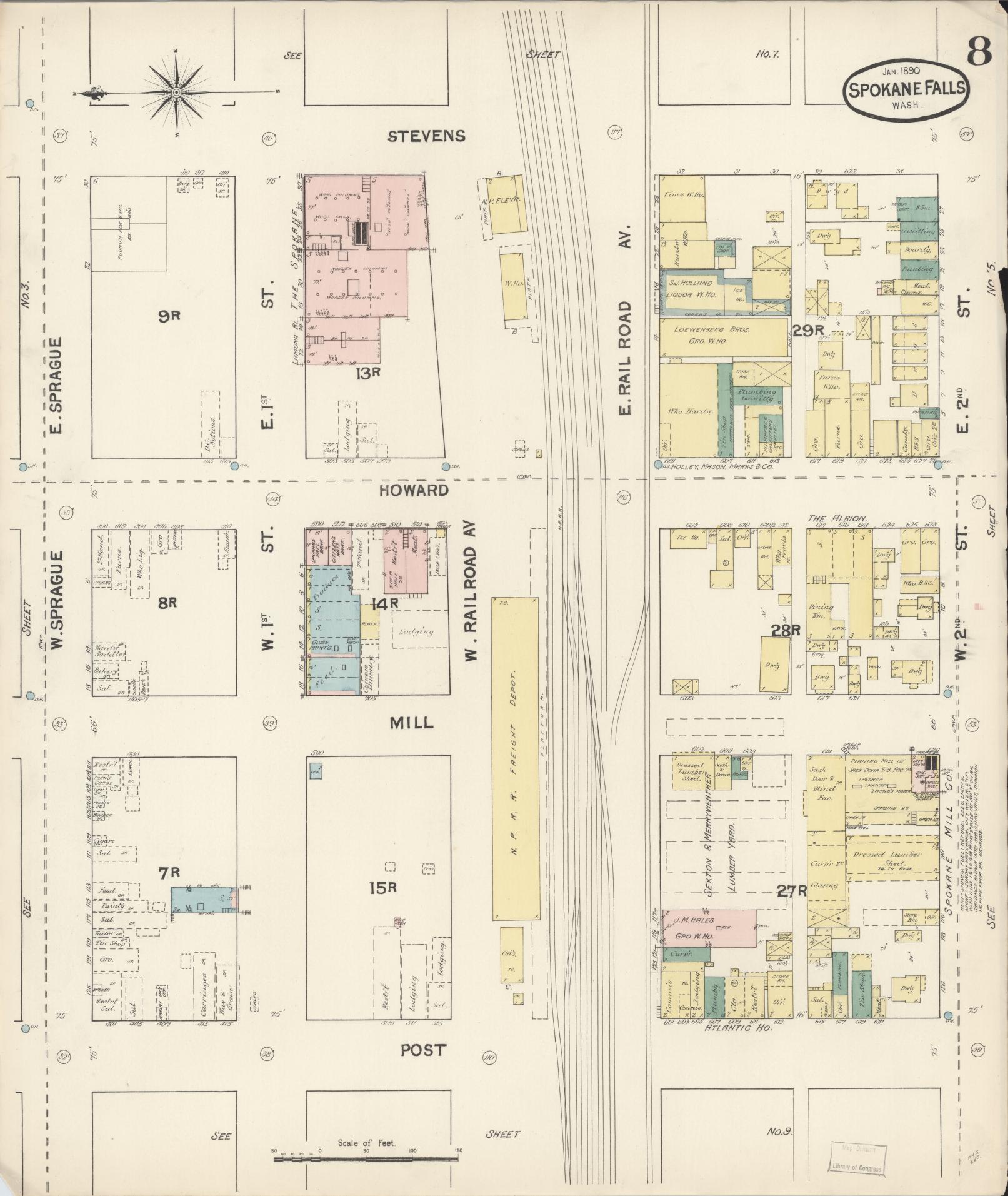 Sanborn Fire Insurance Map from Spokane, Spokane County, Washington (1890), Sheet #0008 - Historic Sanborn Fire Insurance Map Print, vintage old map wall art, antique decor, genealogy gift, Washington Washington map