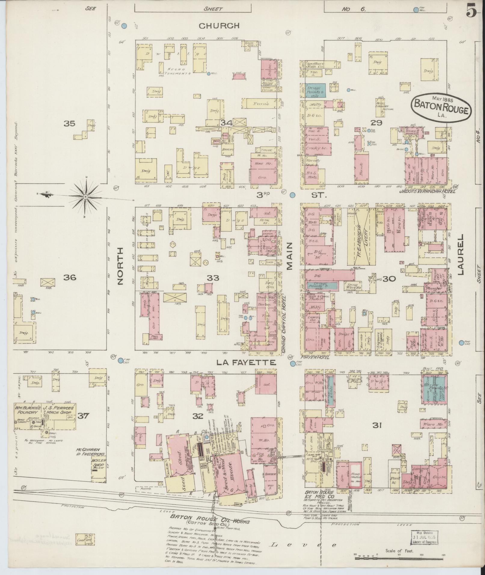 Sanborn Fire Insurance Map from Baton Rouge, East Baton Rouge Parish, Louisiana (1885), Sheet #0005 - Historic Sanborn Fire Insurance Map Print, vintage old map wall art, antique decor, genealogy gift, Louisiana Louisiana map