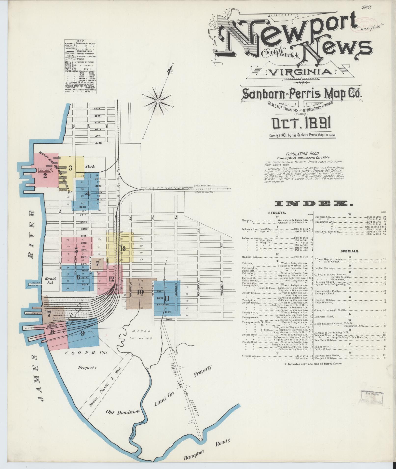 Sanborn Fire Insurance Map from Newport News, Independent Cities, Virginia. (1891) – Historic Sanborn Fire Insurance Map Print