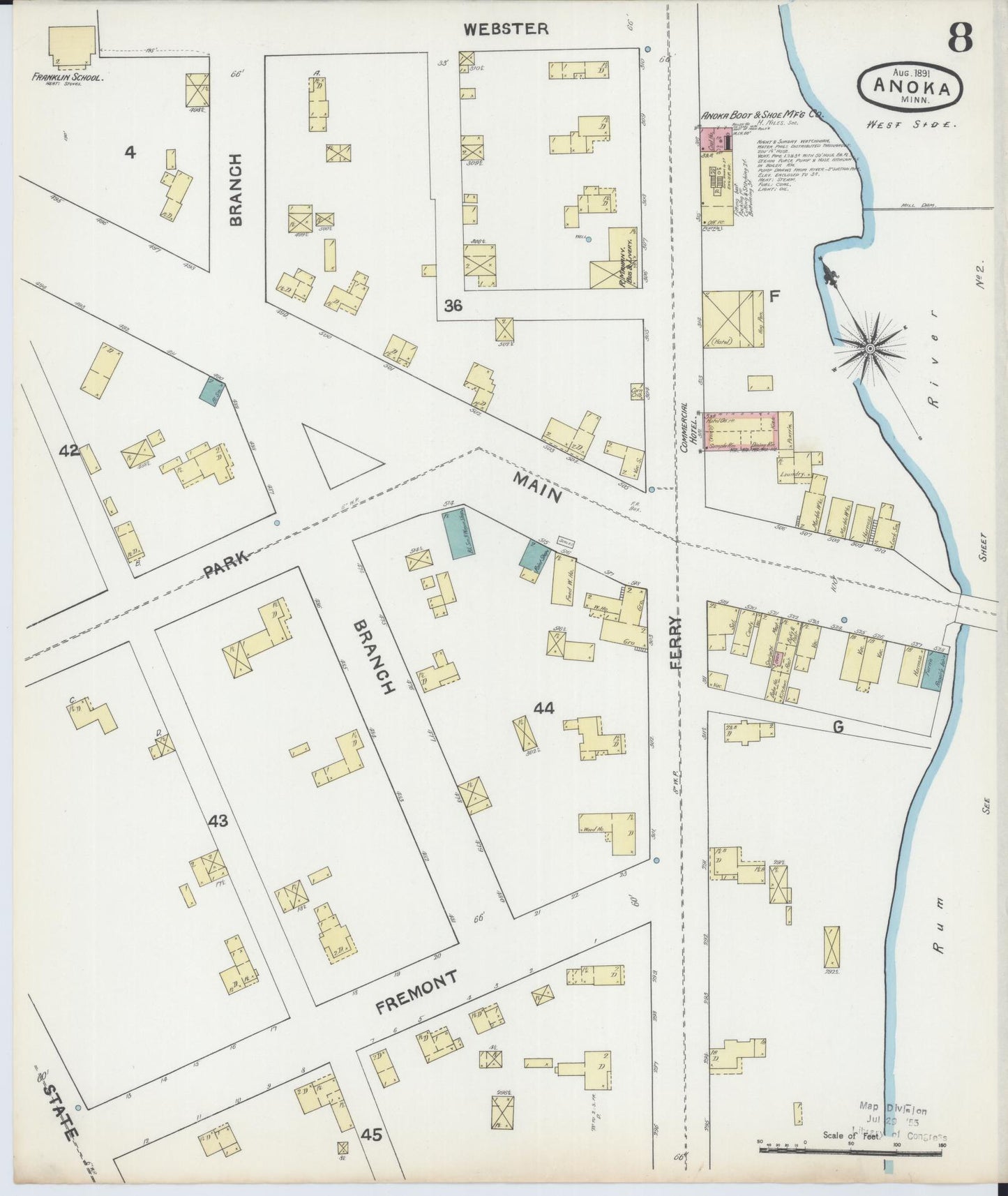 Sanborn Fire Insurance Map from Anoka, Anoka County, Minnesota (1891), Sheet #0008 - Historic Sanborn Fire Insurance Map Print, vintage old map wall art, antique decor, genealogy gift, Minnesota Minnesota map