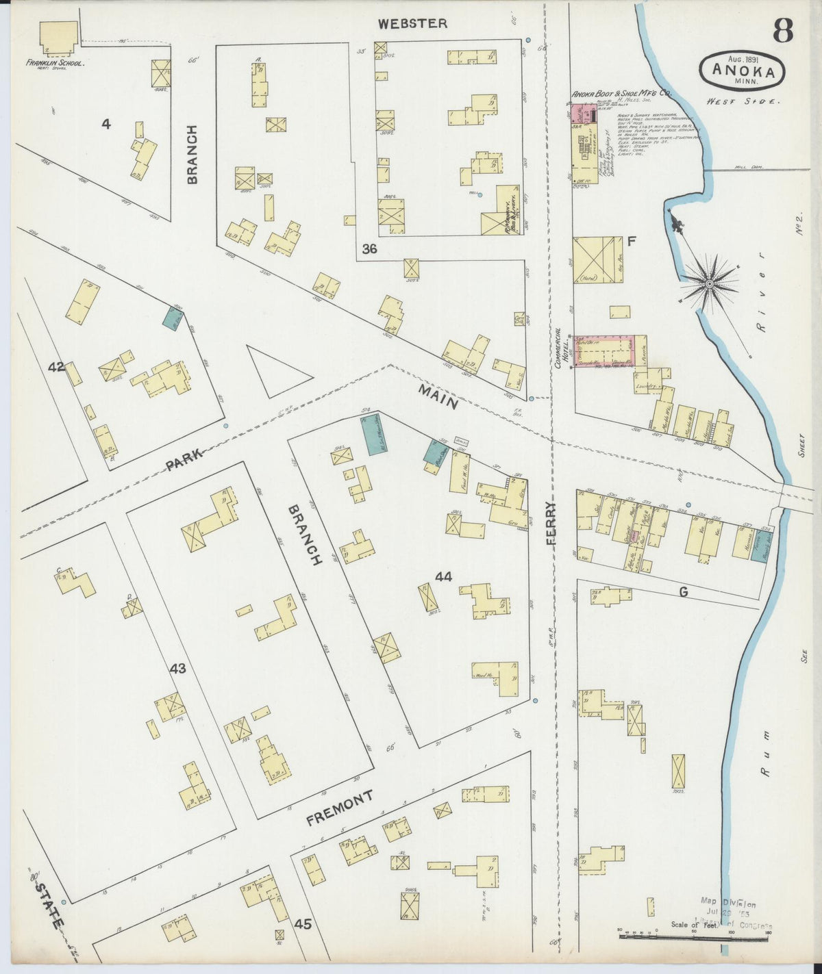 Sanborn Fire Insurance Map from Anoka, Anoka County, Minnesota (1891), Sheet #0008 - Historic Sanborn Fire Insurance Map Print, vintage old map wall art, antique decor, genealogy gift, Minnesota Minnesota map