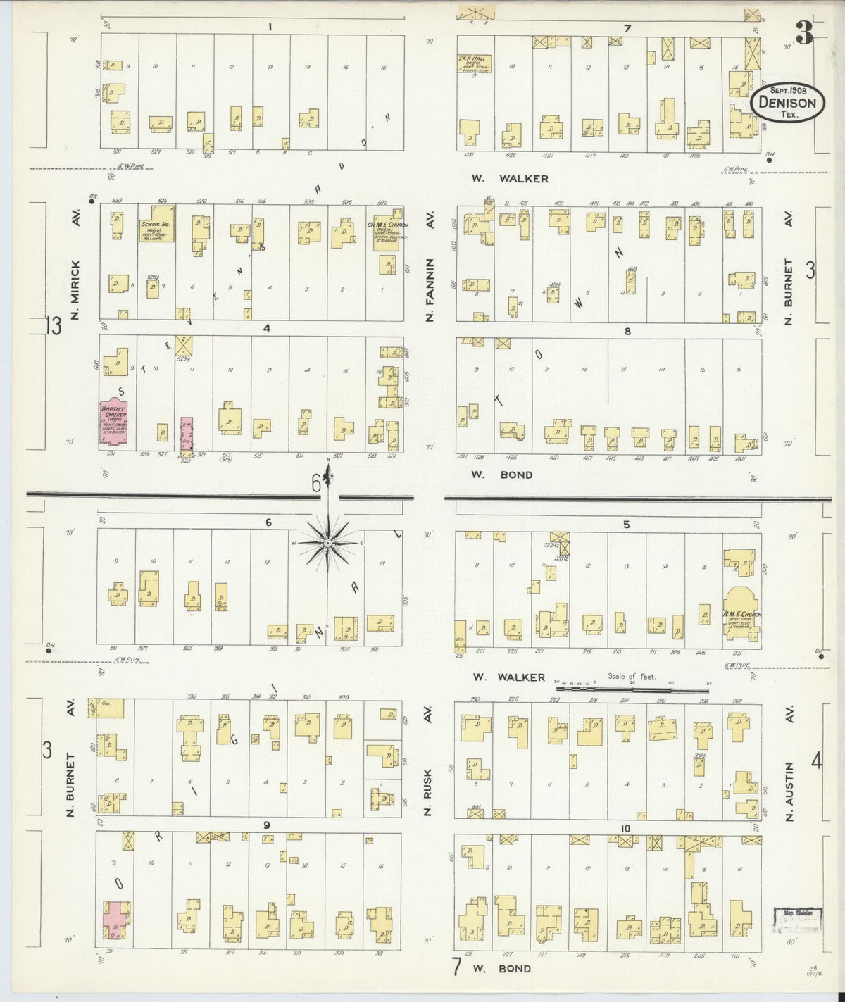 Sanborn Fire Insurance Map from Denison, Grayson County, Texas (1908), Sheet #0003 - Complete Map Set gallery image, historic Sanborn map, vintage wall art, Texas Texas