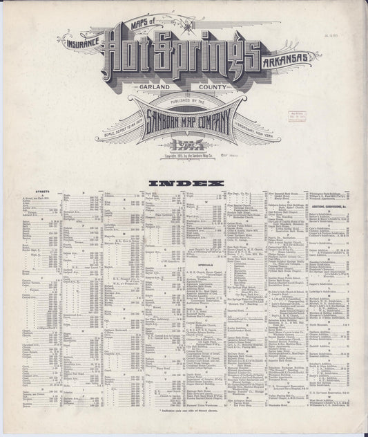 Sanborn Fire Insurance Map from Hot Springs, Garland County, Arkansas (1915), Sheet #0001 - Historic Sanborn Fire Insurance Map Print, vintage old map wall art, antique decor, genealogy gift, Arkansas Arkansas map