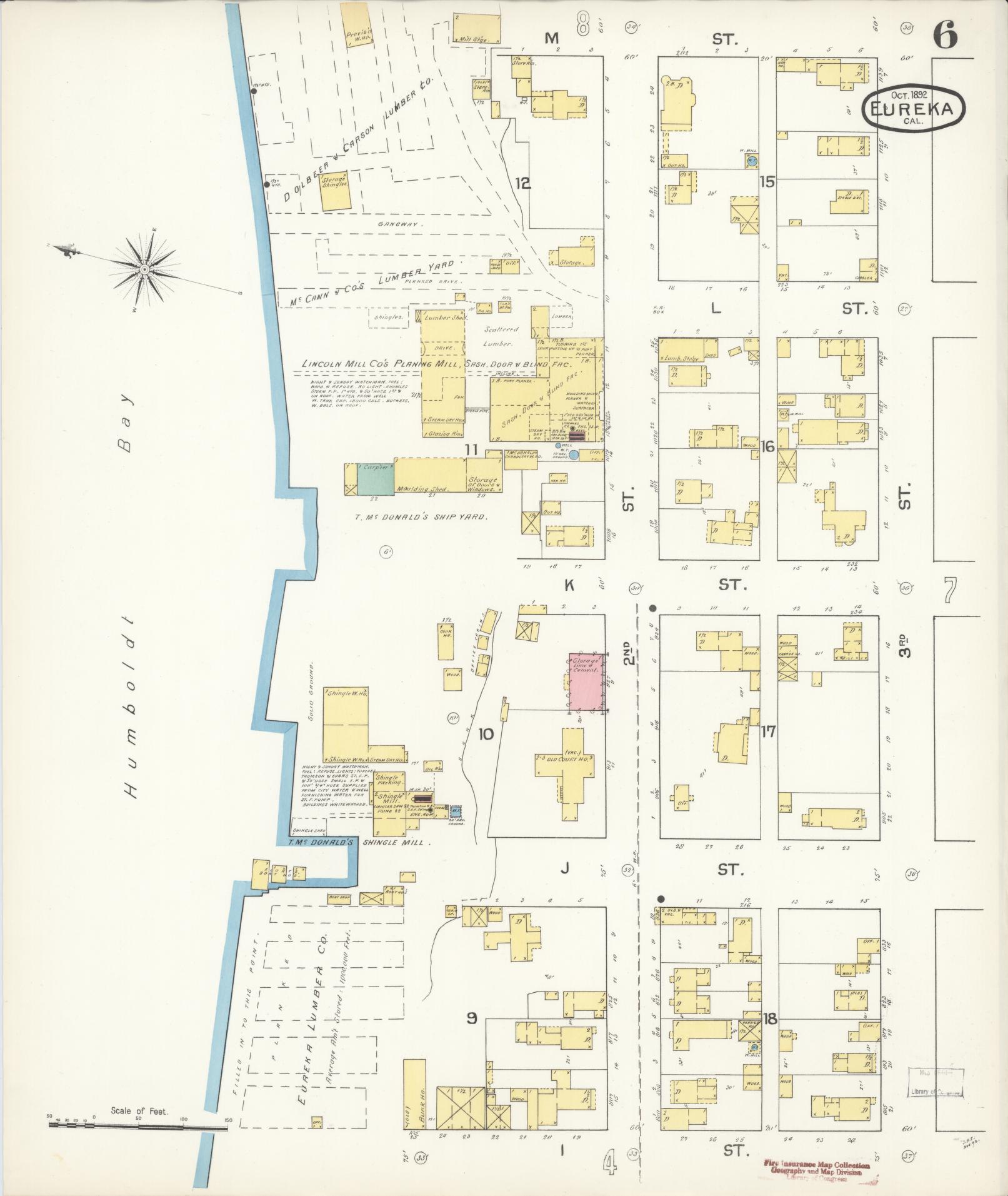 Sanborn Fire Insurance Map from Eureka, Humboldt County, California (1892), Sheet #0006 - Historic Sanborn Fire Insurance Map Print, vintage old map wall art, antique decor, genealogy gift, California California map
