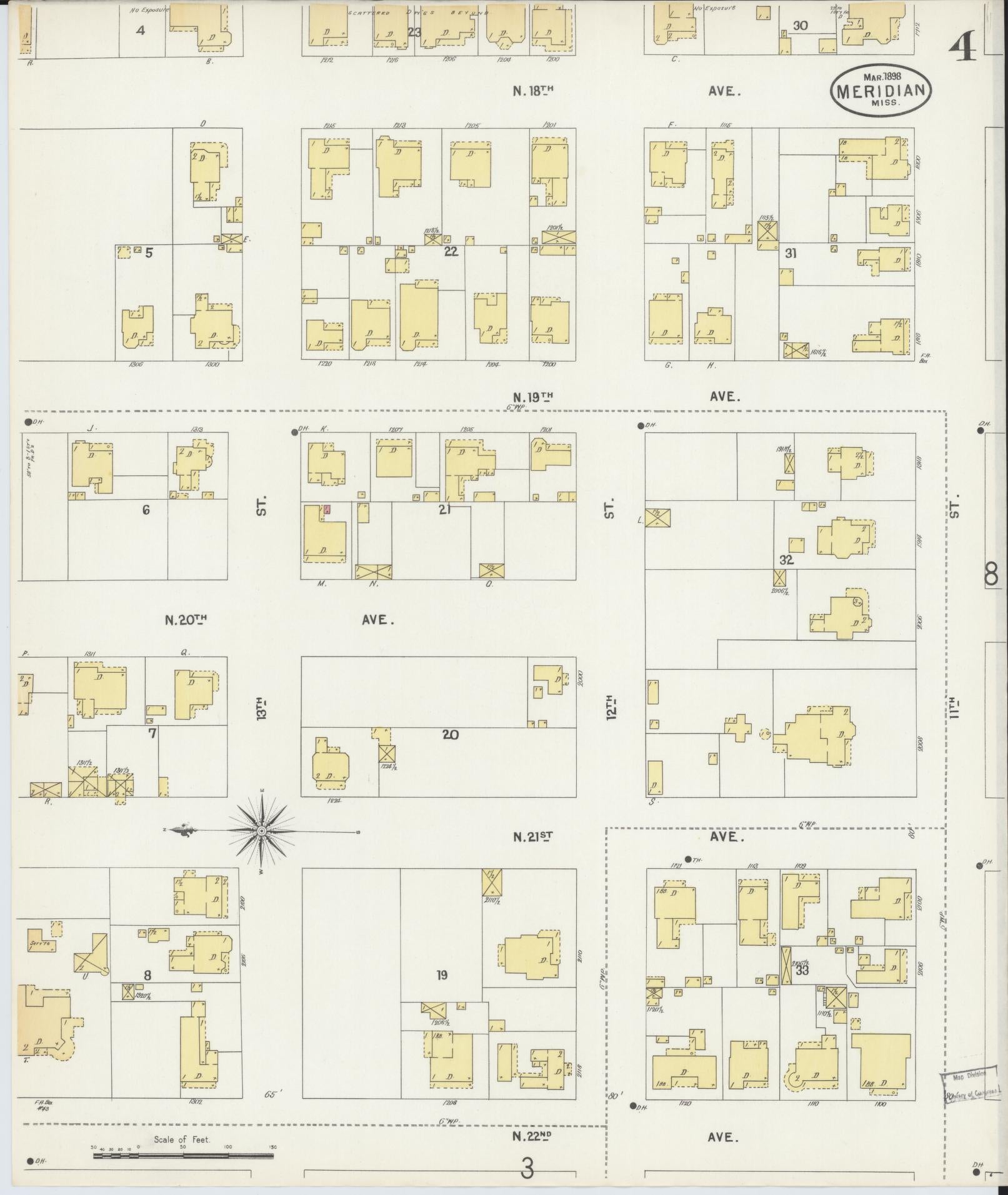 Sanborn Fire Insurance Map from Meridian, Lauderdale County, Mississippi (1898), Sheet #0004 - Historic Sanborn Fire Insurance Map Print, vintage old map wall art, antique decor, genealogy gift, Mississippi Mississippi map