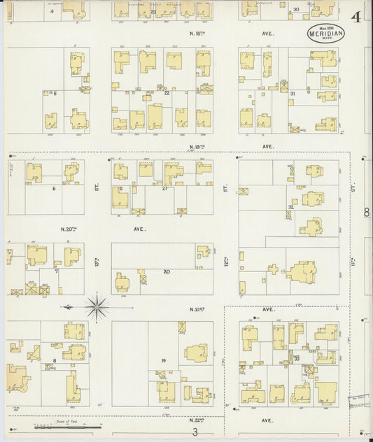 Sanborn Fire Insurance Map from Meridian, Lauderdale County, Mississippi (1898), Sheet #0004 - Historic Sanborn Fire Insurance Map Print, vintage old map wall art, antique decor, genealogy gift, Mississippi Mississippi map