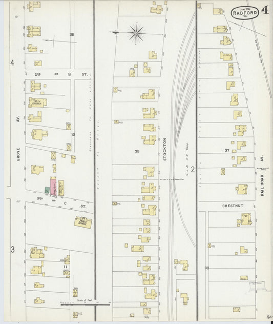 Sanborn Fire Insurance Map from Radford, Independent Cities, Virginia (1896), Sheet #0004 - Historic Sanborn Fire Insurance Map Print, vintage old map wall art, antique decor, genealogy gift, Virginia Virginia map