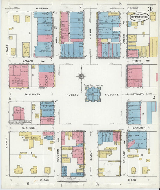 Sanborn Fire Insurance Map from Weatherford, Parker County, Texas (1921), Sheet #0003 - Historic Sanborn Fire Insurance Map Print, vintage old map wall art, antique decor, genealogy gift, Texas Texas map