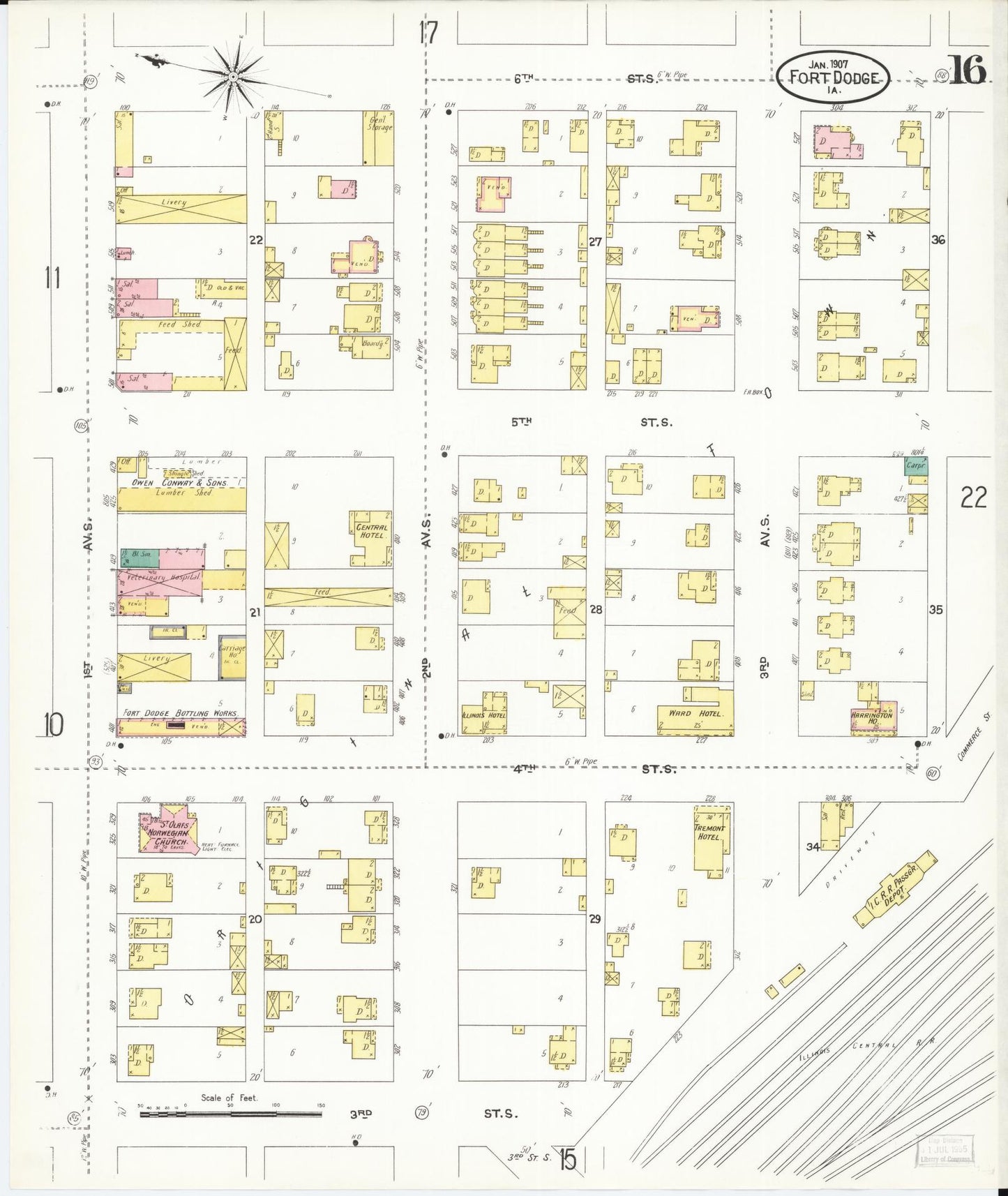 Sanborn Fire Insurance Map from Fort Dodge, Webster County, Iowa (1907), Sheet #0016 - Historic Sanborn Fire Insurance Map Print, vintage old map wall art