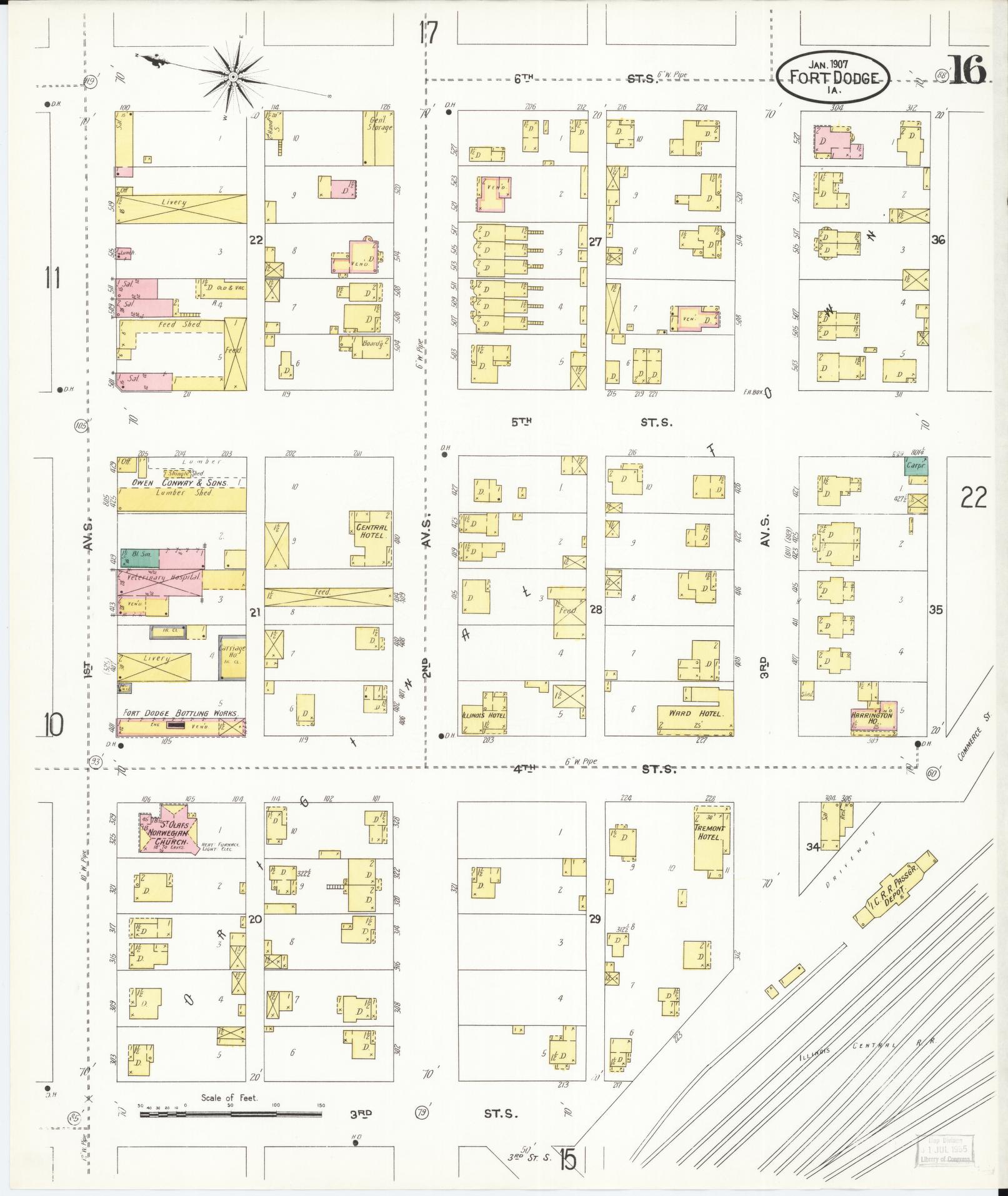 Sanborn Fire Insurance Map from Fort Dodge, Webster County, Iowa (1907), Sheet #0016 - Historic Sanborn Fire Insurance Map Print, vintage old map wall art