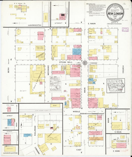 Sanborn Fire Insurance Map from New London, Henry County, Iowa (1916), Sheet #0001 - Historic Sanborn Fire Insurance Map Print, vintage old map wall art