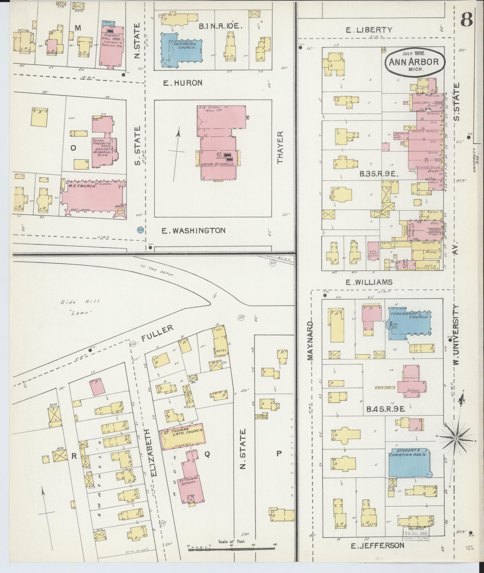 Sanborn Fire Insurance Map from Ann Arbor, Washtenaw County, Michigan (1892), Sheet #0008 - Historic Sanborn Fire Insurance Map Print, vintage old map wall art, antique decor, genealogy gift, Michigan Michigan map