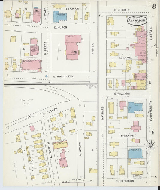 Sanborn Fire Insurance Map from Ann Arbor, Washtenaw County, Michigan (1892), Sheet #0008 - Historic Sanborn Fire Insurance Map Print, vintage old map wall art, antique decor, genealogy gift, Michigan Michigan map