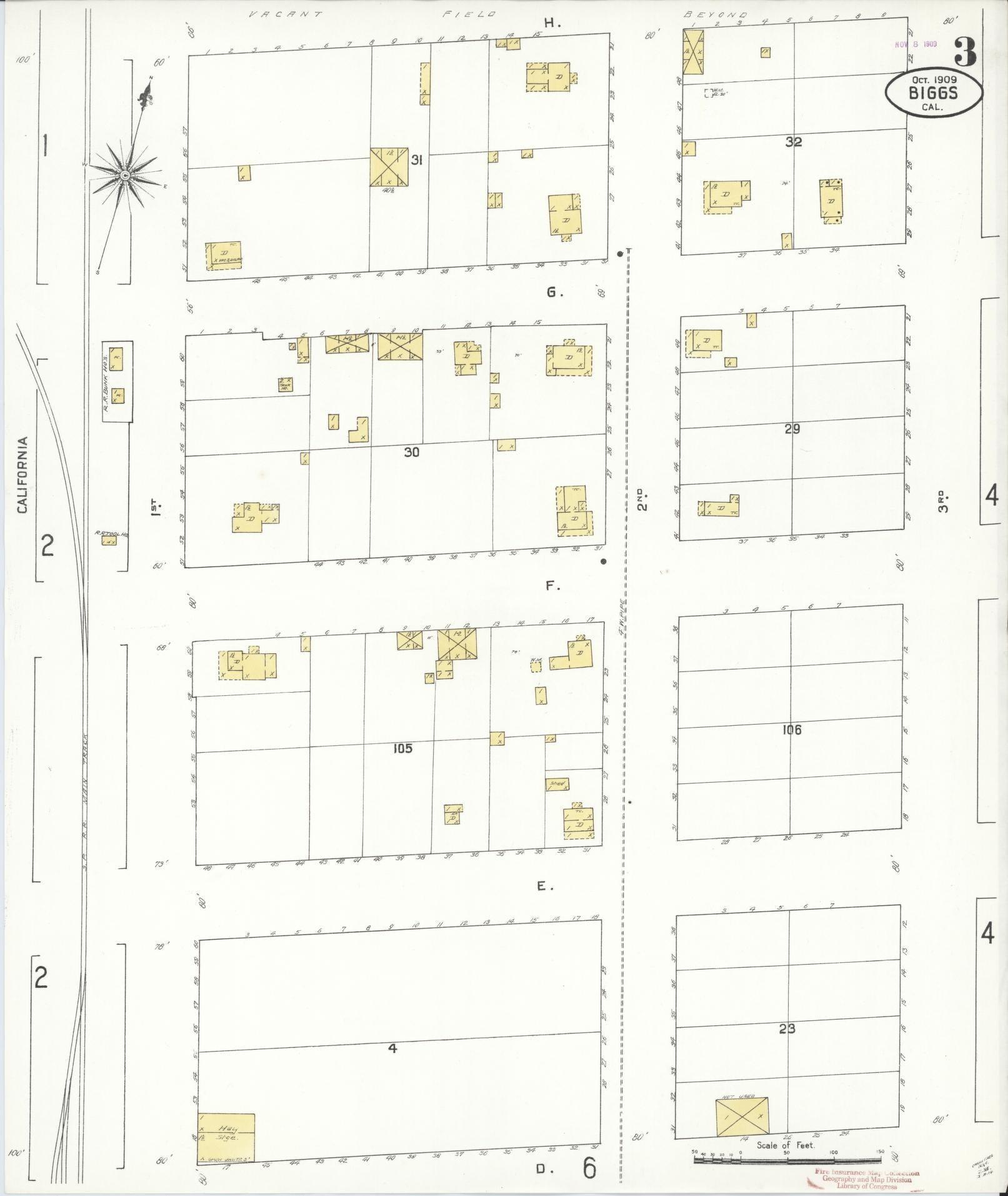 Sanborn Fire Insurance Map from Biggs, Butte County, California (1909), Sheet #0003 - Historic Sanborn Fire Insurance Map Print, vintage old map wall art, antique decor, genealogy gift, California California map