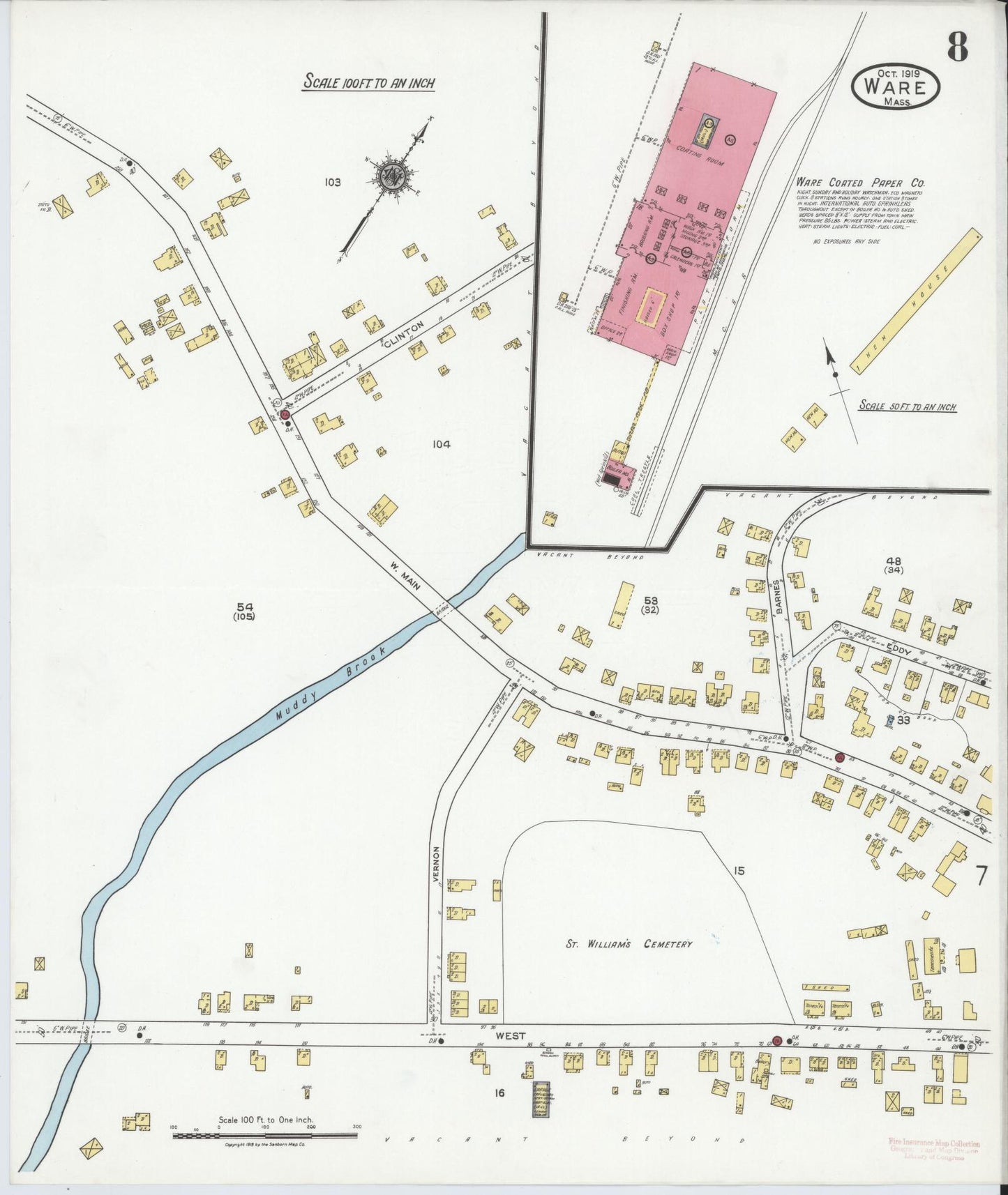 Sanborn Fire Insurance Map from Ware, Hampshire County, Massachusetts (1919), Sheet #0008 - Historic Sanborn Fire Insurance Map Print, vintage old map wall art, antique decor, genealogy gift, Massachusetts Massachusetts map