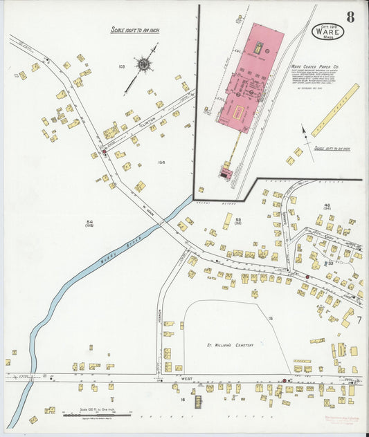 Sanborn Fire Insurance Map from Ware, Hampshire County, Massachusetts (1919), Sheet #0008 - Historic Sanborn Fire Insurance Map Print, vintage old map wall art, antique decor, genealogy gift, Massachusetts Massachusetts map