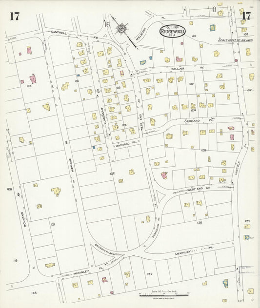 Sanborn Fire Insurance Map from Ridgewood, Bergen County, New Jersey (1924), Sheet #0017 - Historic Sanborn Fire Insurance Map Print, vintage old map wall art, antique decor, genealogy gift, New Jersey New Jersey map