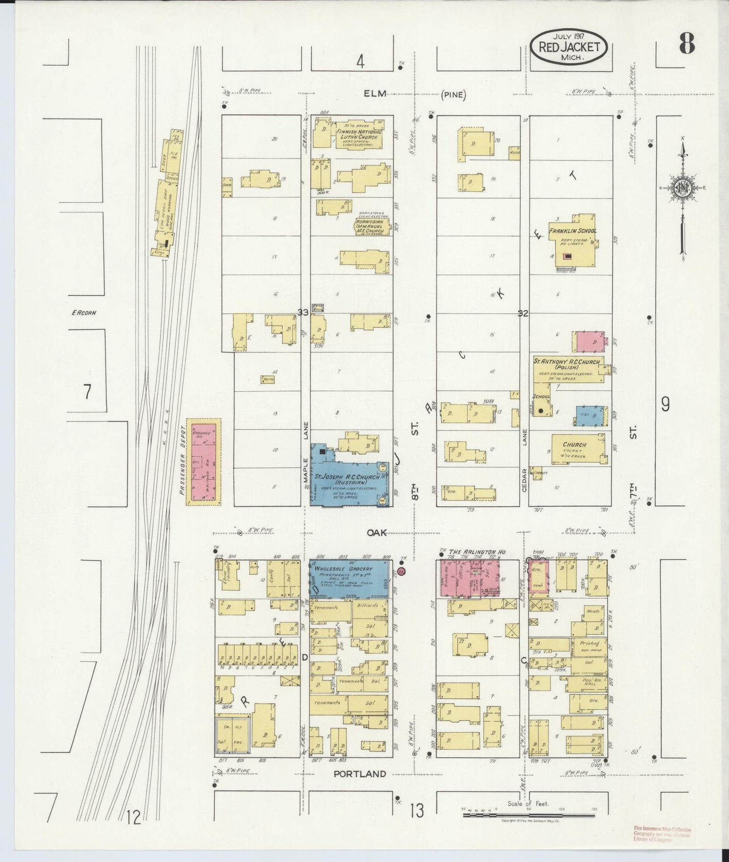 Sanborn Fire Insurance Map from Red Jacket, Houghton County, Michigan (1917), Sheet #0008 - Complete Map Set gallery image, historic Sanborn map, vintage wall art, Michigan Michigan