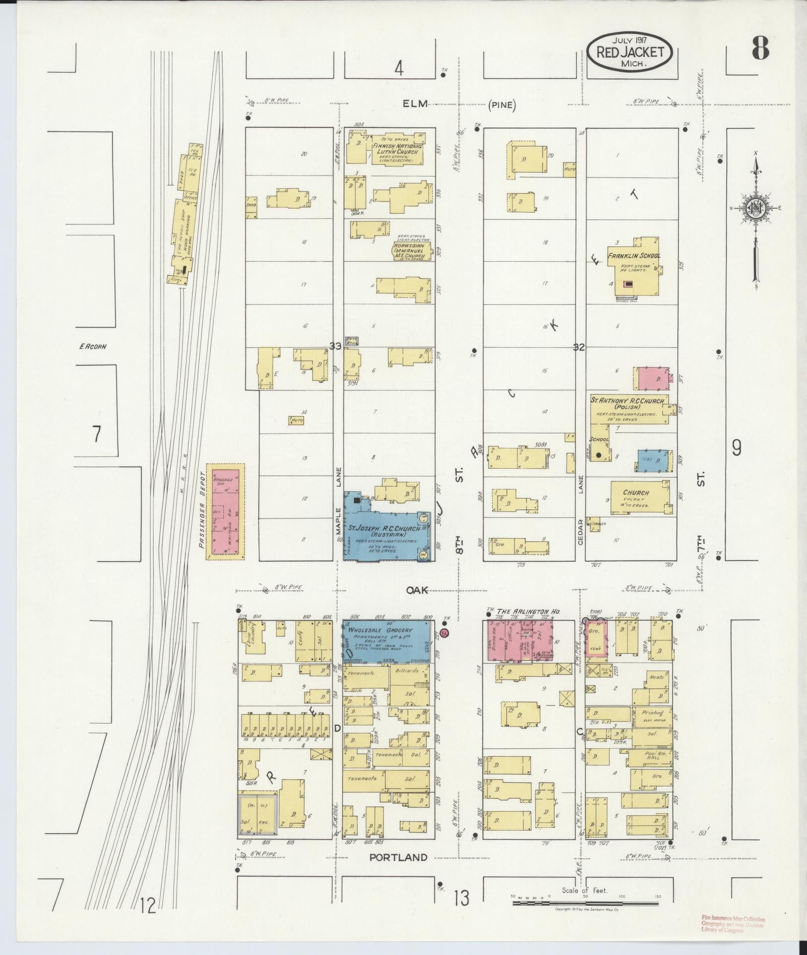 Sanborn Fire Insurance Map from Red Jacket, Houghton County, Michigan (1917), Sheet #0008 - Complete Map Set gallery image, historic Sanborn map, vintage wall art, Michigan Michigan