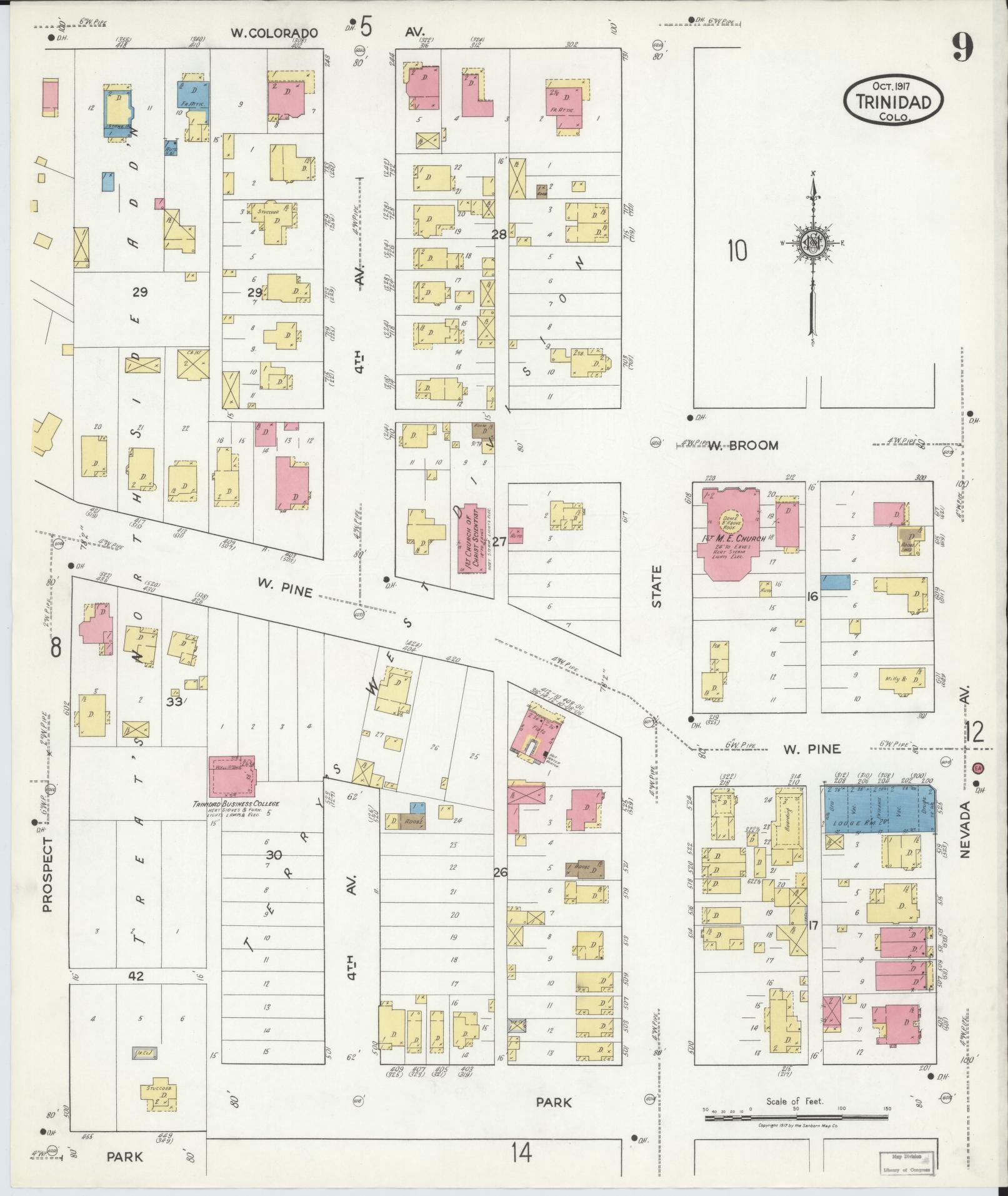 Sanborn Fire Insurance Map from Trinidad, Las Animas County, Colorado (1917), Sheet #0009 - Complete Map Set gallery image, historic Sanborn map, vintage wall art, Colorado Colorado