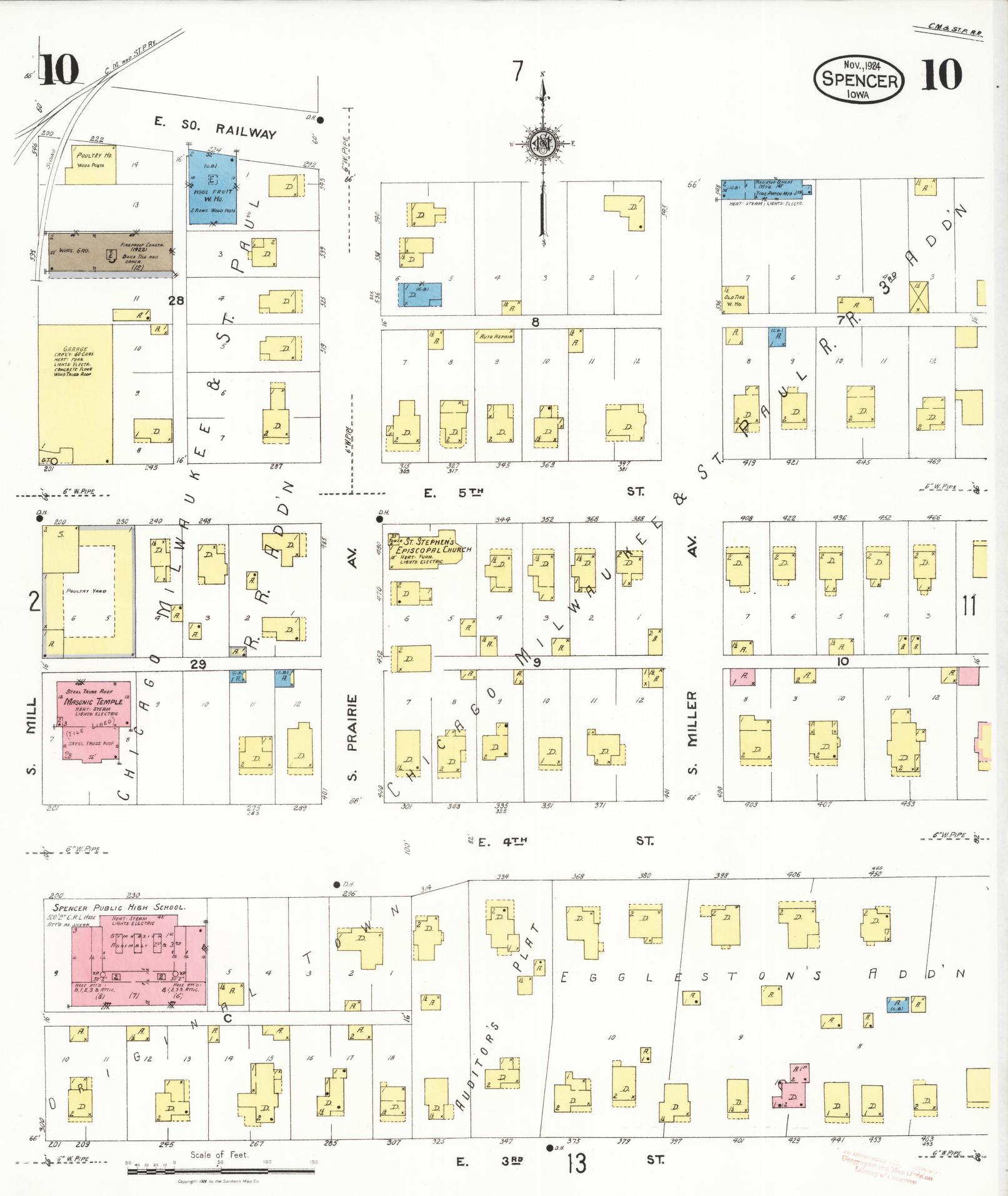 Sanborn Fire Insurance Map from Spencer, Clay County, Iowa (1924), Sheet #0010 - Historic Sanborn Fire Insurance Map Print, vintage old map wall art