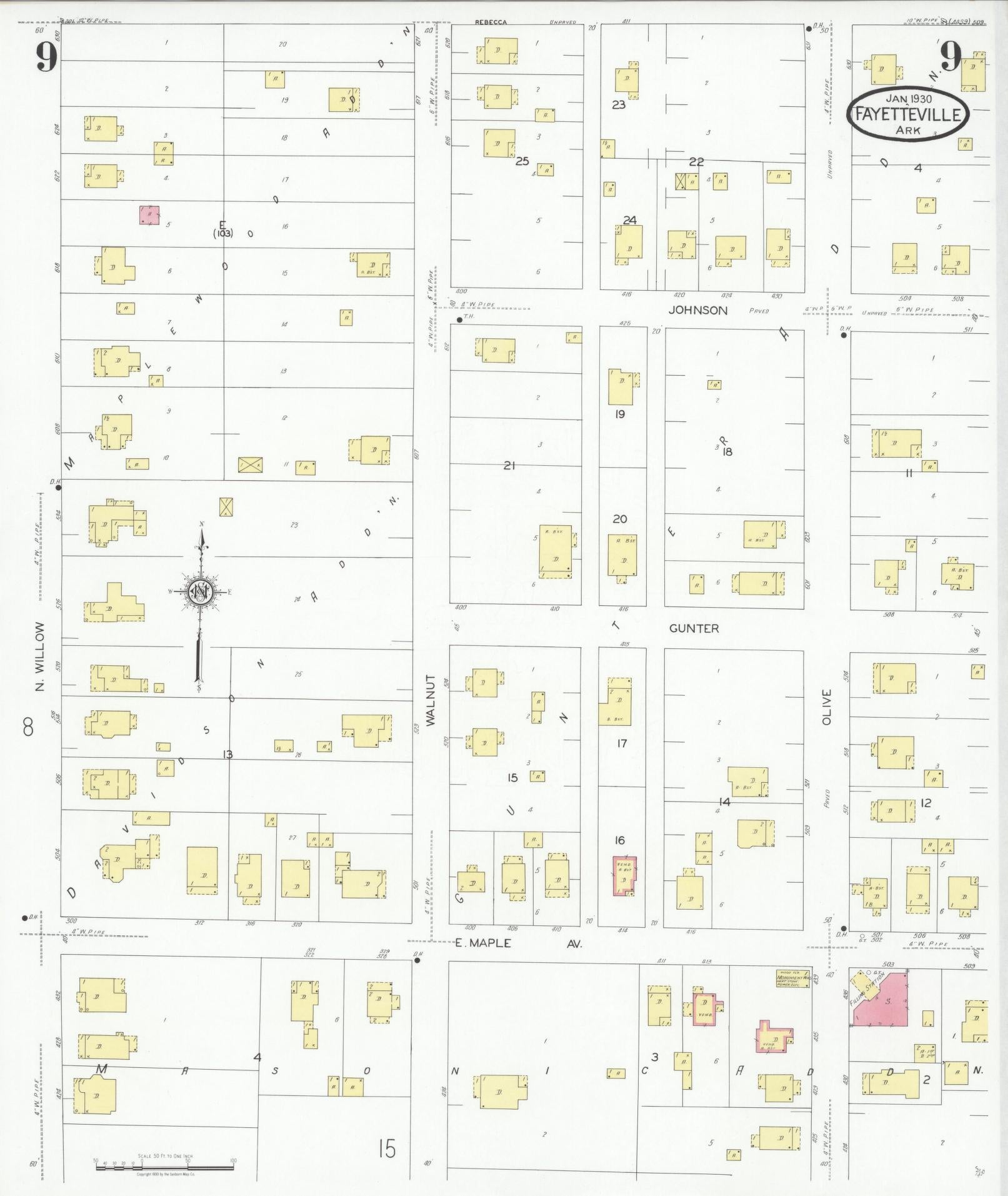 Sanborn Fire Insurance Map from Fayetteville, Washington County, Arkansas (1930), Sheet #0009 - Historic Sanborn Fire Insurance Map Print, vintage old map wall art, antique decor, genealogy gift, Arkansas Arkansas map