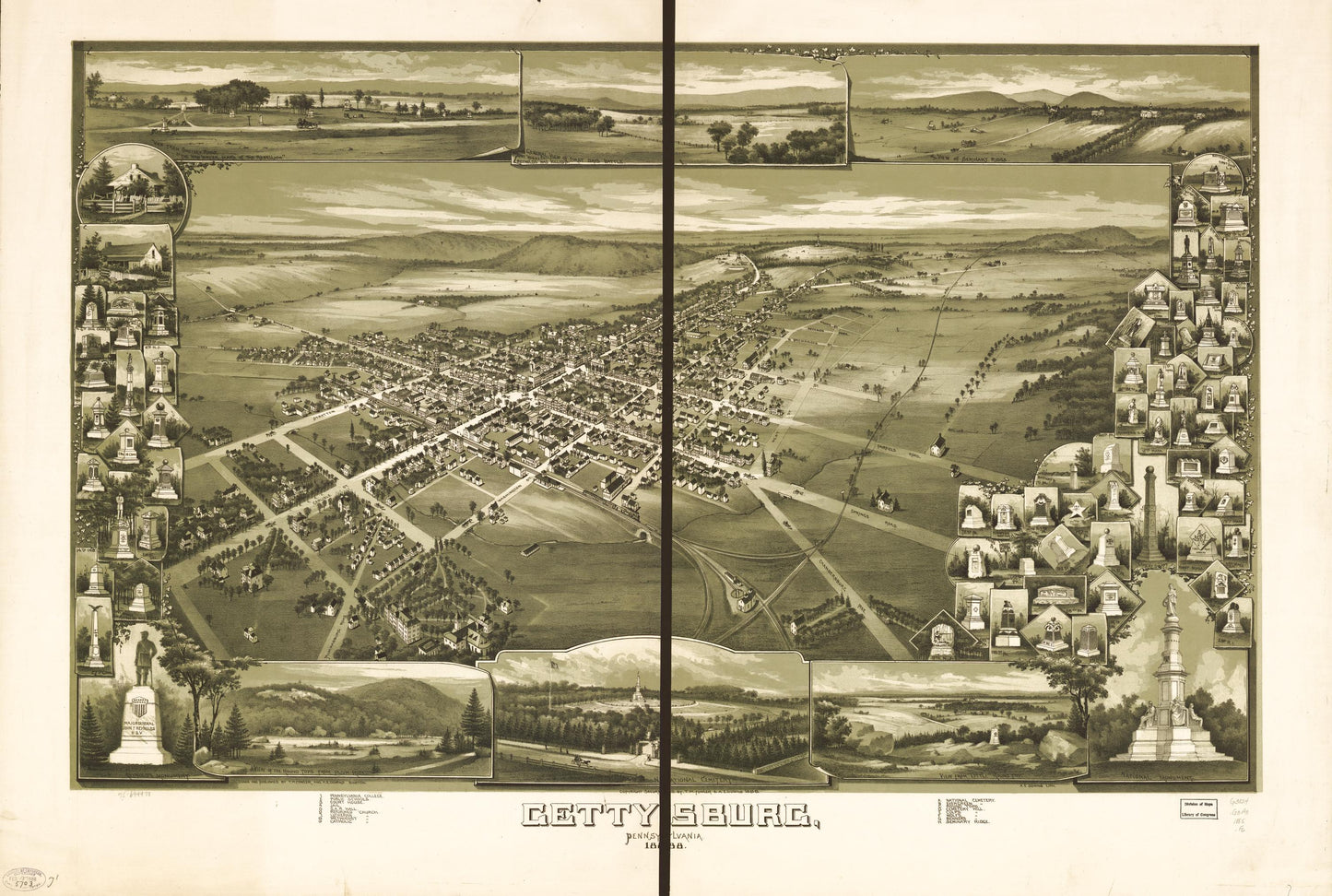 Gettysburg, Pennsylvania 1888. (1888) – Historic Bird’s-Eye View Panorama Print