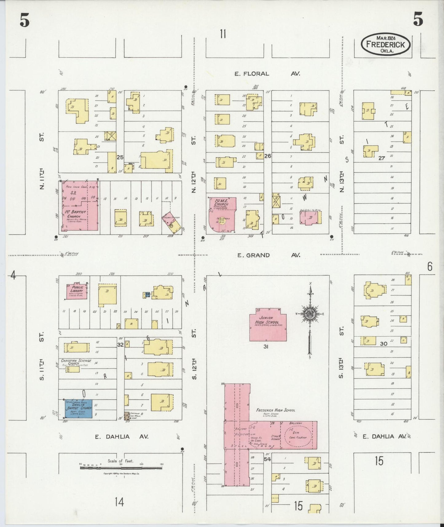 Sanborn Fire Insurance Map from Frederick, Tillman County, Oklahoma (1924), Sheet #0005 - Historic Sanborn Fire Insurance Map Print, vintage old map wall art, antique decor, genealogy gift, Oklahoma Oklahoma map