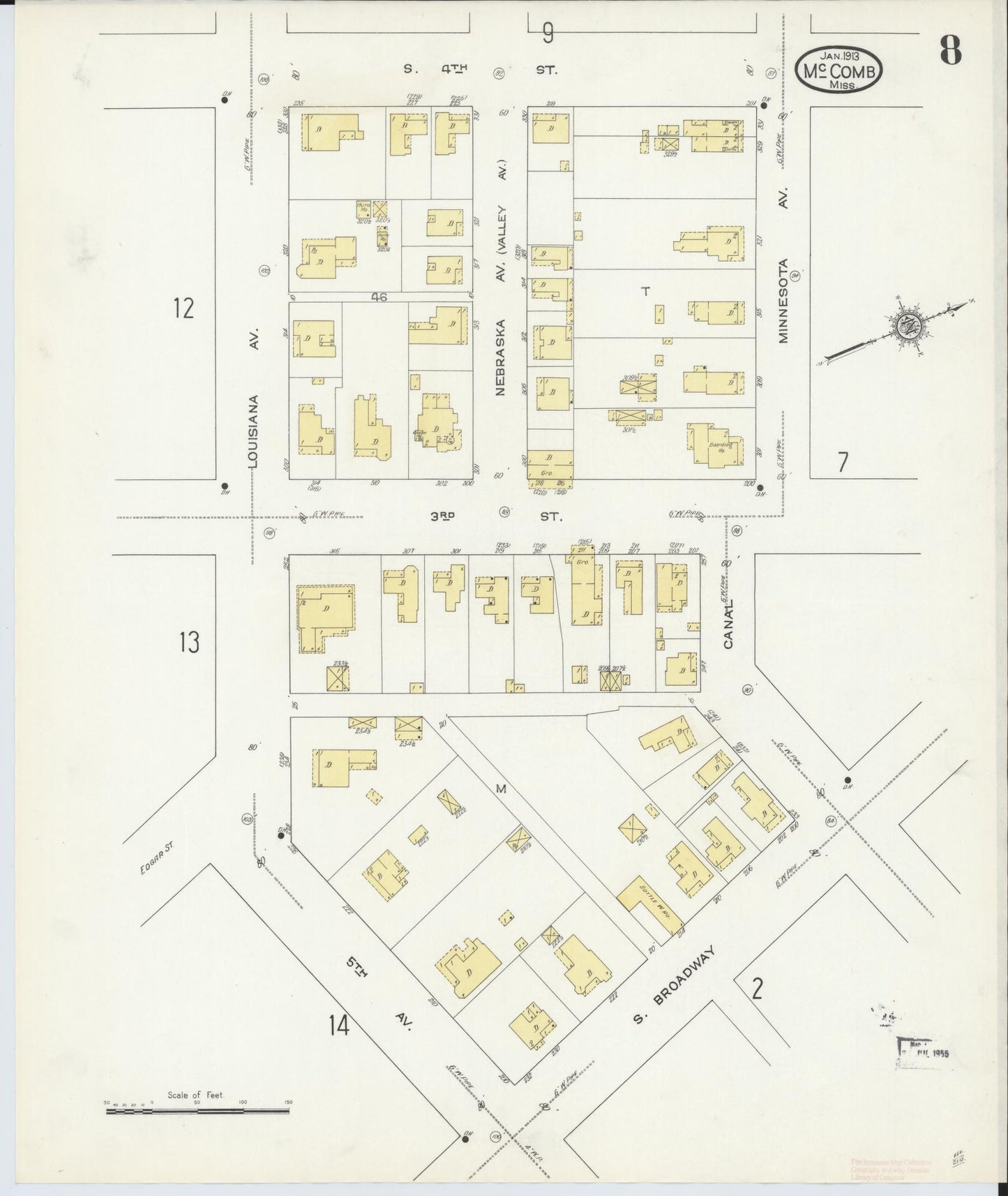 Sanborn Fire Insurance Map from McComb, Pike County, Mississippi (1913), Sheet #0008 - Historic Sanborn Fire Insurance Map Print, vintage old map wall art, antique decor, genealogy gift, Mississippi Mississippi map