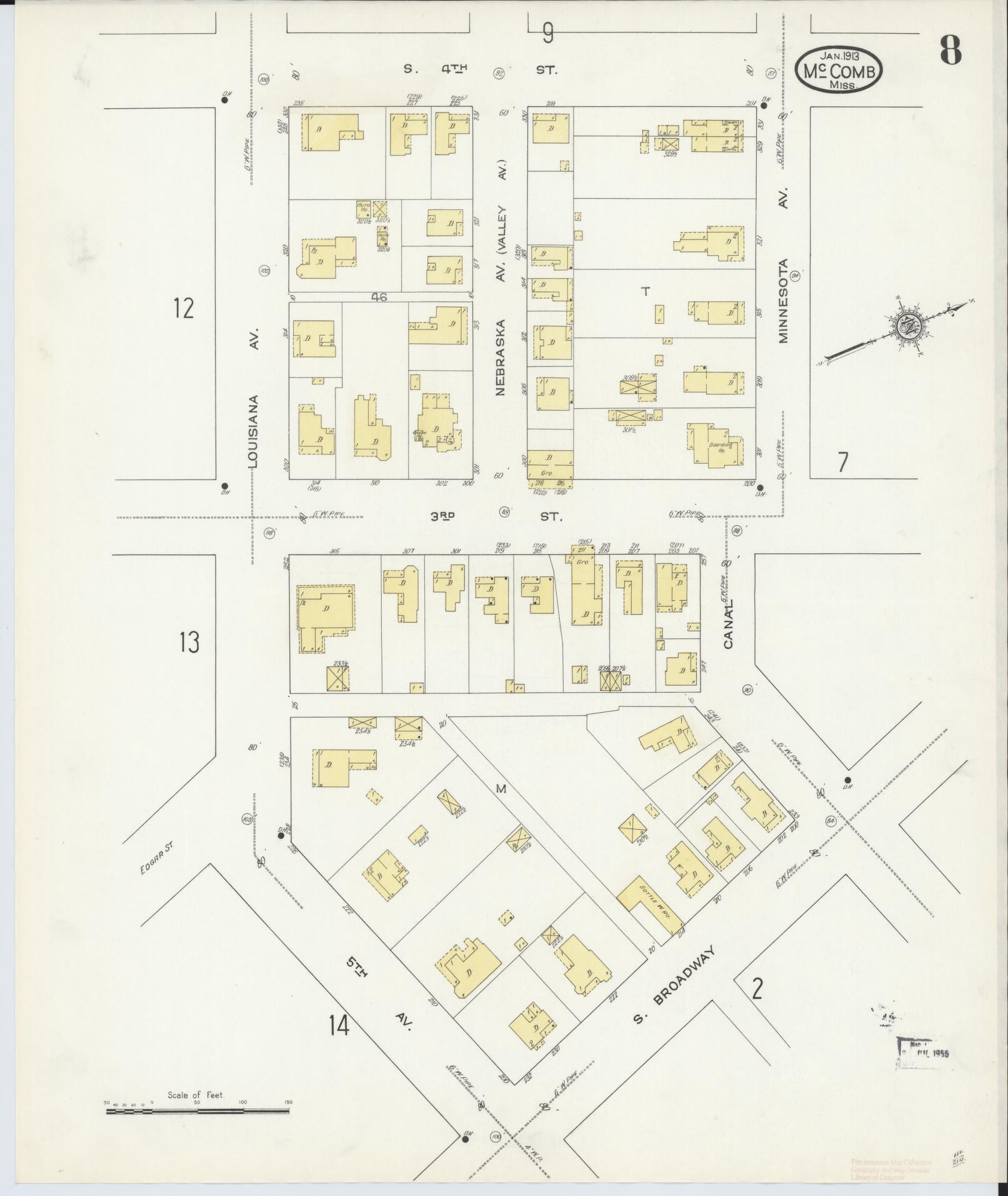 Sanborn Fire Insurance Map from McComb, Pike County, Mississippi (1913), Sheet #0008 - Historic Sanborn Fire Insurance Map Print, vintage old map wall art, antique decor, genealogy gift, Mississippi Mississippi map