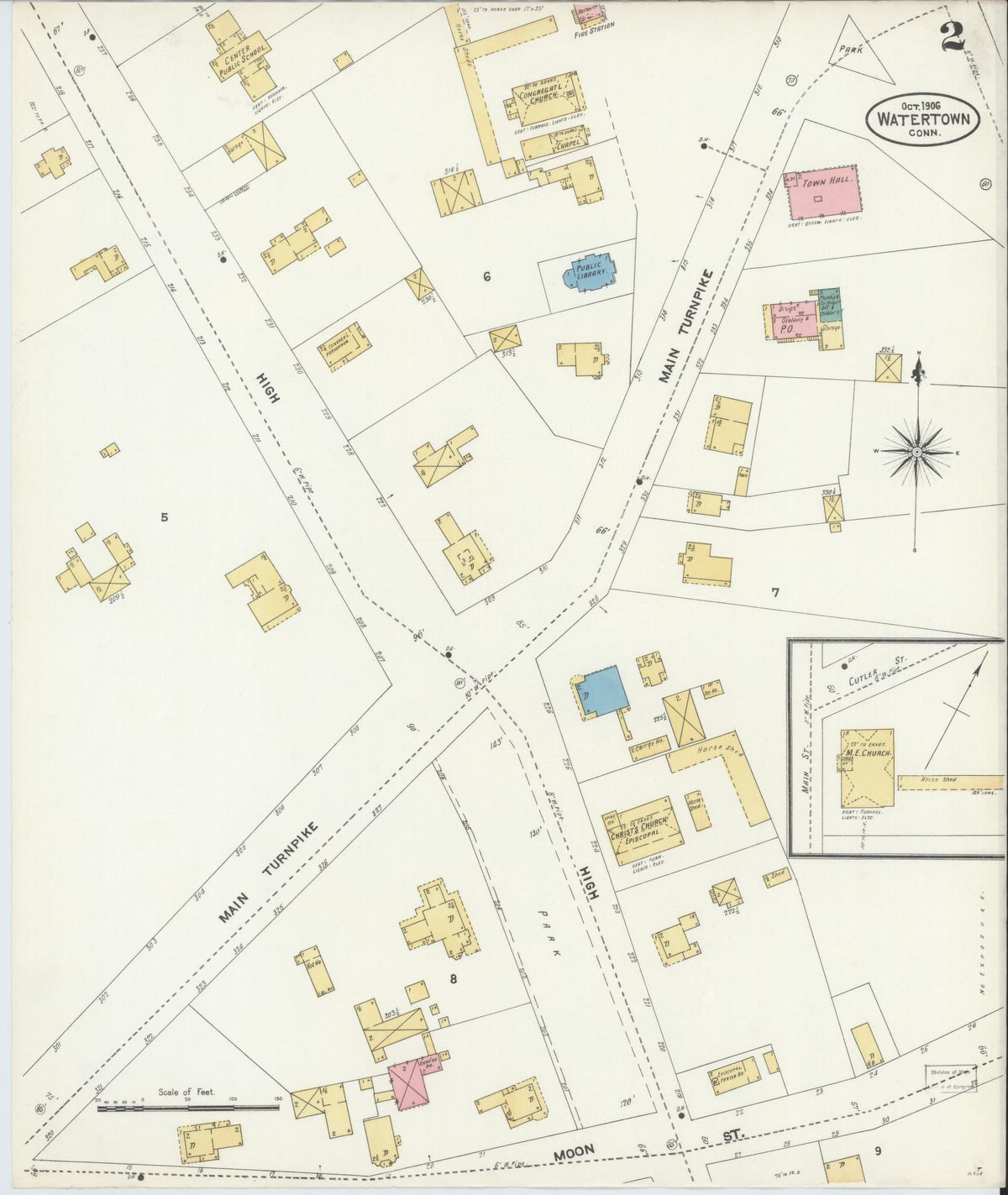 Sanborn Fire Insurance Map from Watertown, Litchfield County, Connecticut (1906), Sheet #0002 - Historic Sanborn Fire Insurance Map Print, vintage old map wall art, antique decor, genealogy gift, Connecticut Connecticut map