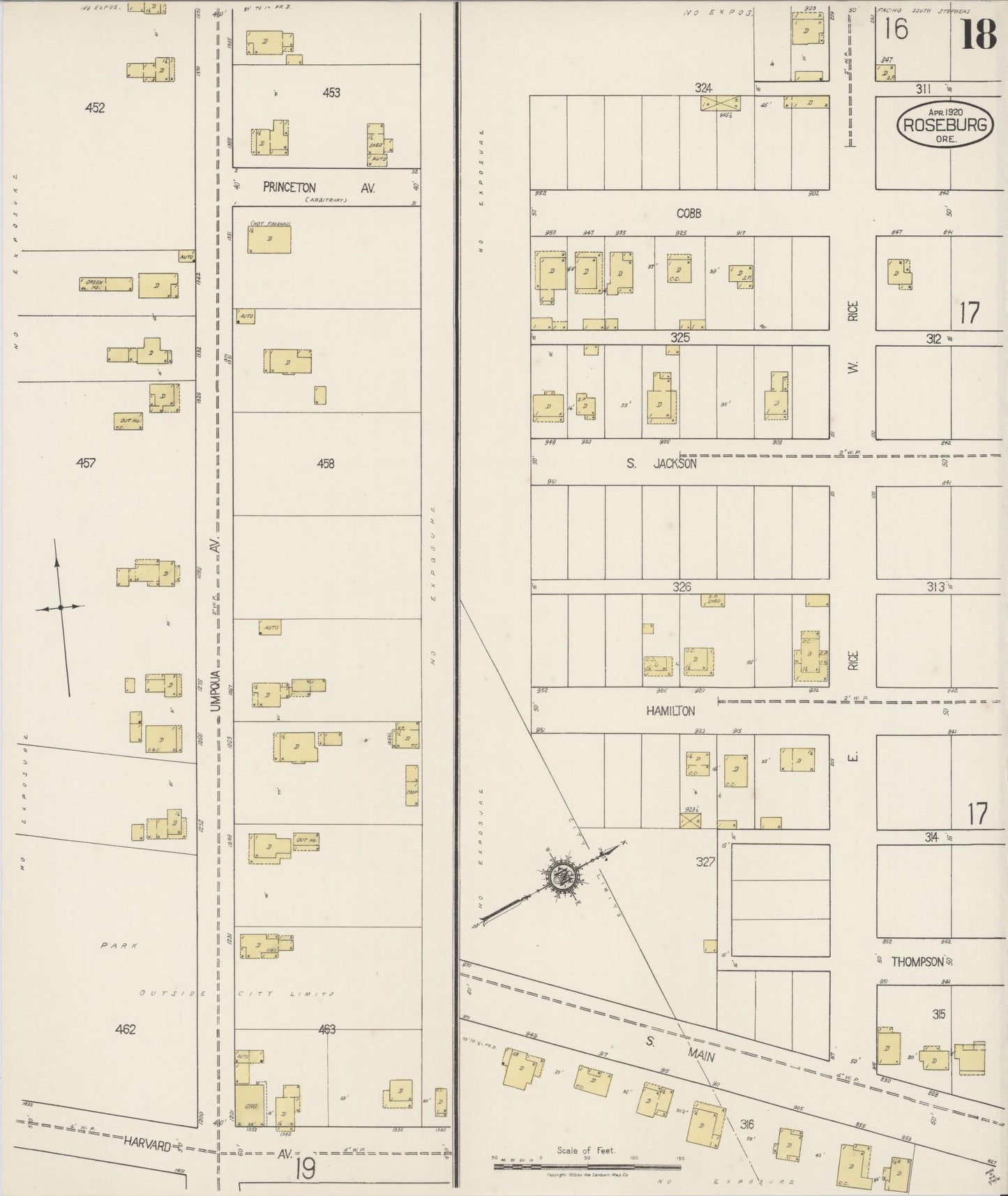 Sanborn Fire Insurance Map from Roseburg, Douglas County, Oregon (1920), Sheet #0018 - Historic Sanborn Fire Insurance Map Print, vintage old map wall art, antique decor, genealogy gift, Oregon Oregon map