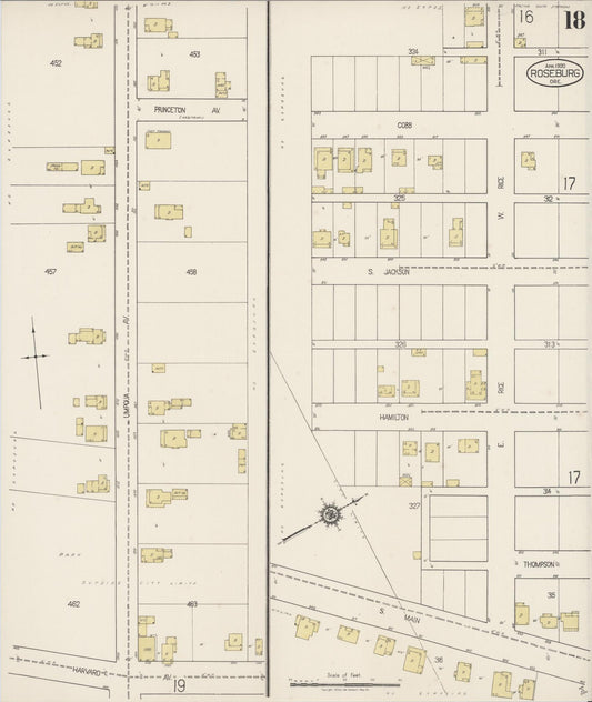 Sanborn Fire Insurance Map from Roseburg, Douglas County, Oregon (1920), Sheet #0018 - Historic Sanborn Fire Insurance Map Print, vintage old map wall art, antique decor, genealogy gift, Oregon Oregon map
