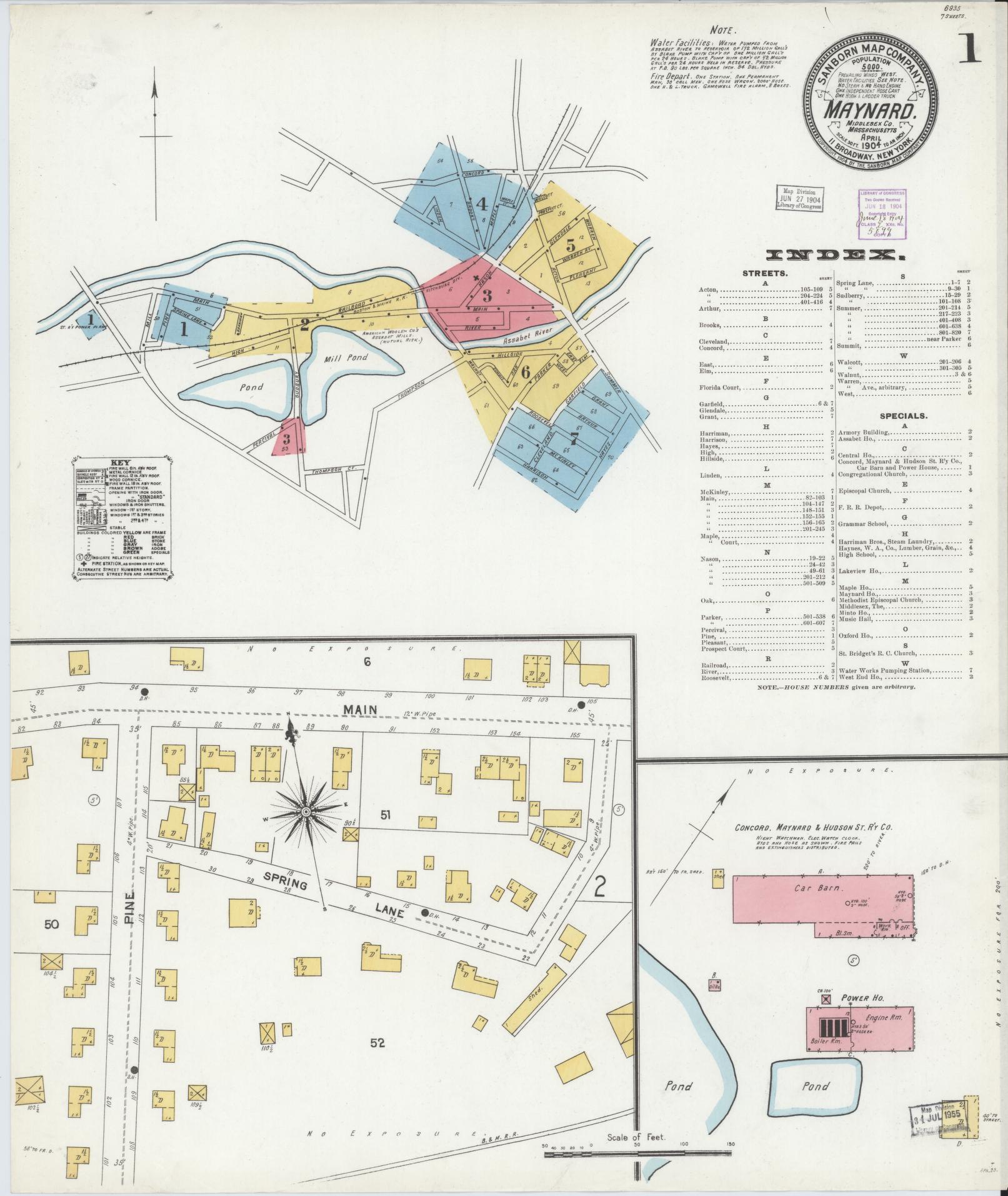Sanborn Fire Insurance Map from Maynard, Middlesex County, Massachusetts (1904), Sheet #0001 - Historic Sanborn Fire Insurance Map Print, vintage old map wall art, antique decor, genealogy gift, Massachusetts Massachusetts map