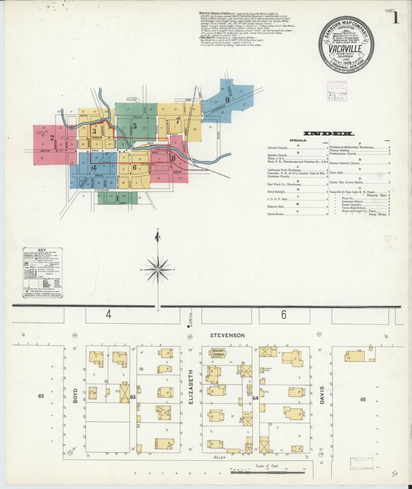 Sanborn Fire Insurance Map from Vacaville, Solano County, California (1908), Sheet #0001 - Complete Map Set gallery image, historic Sanborn map, vintage wall art, California California