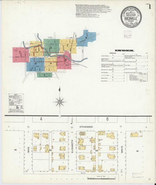 Sanborn Fire Insurance Map from Vacaville, Solano County, California (1908), Sheet #0001 - Complete Map Set gallery image, historic Sanborn map, vintage wall art, California California