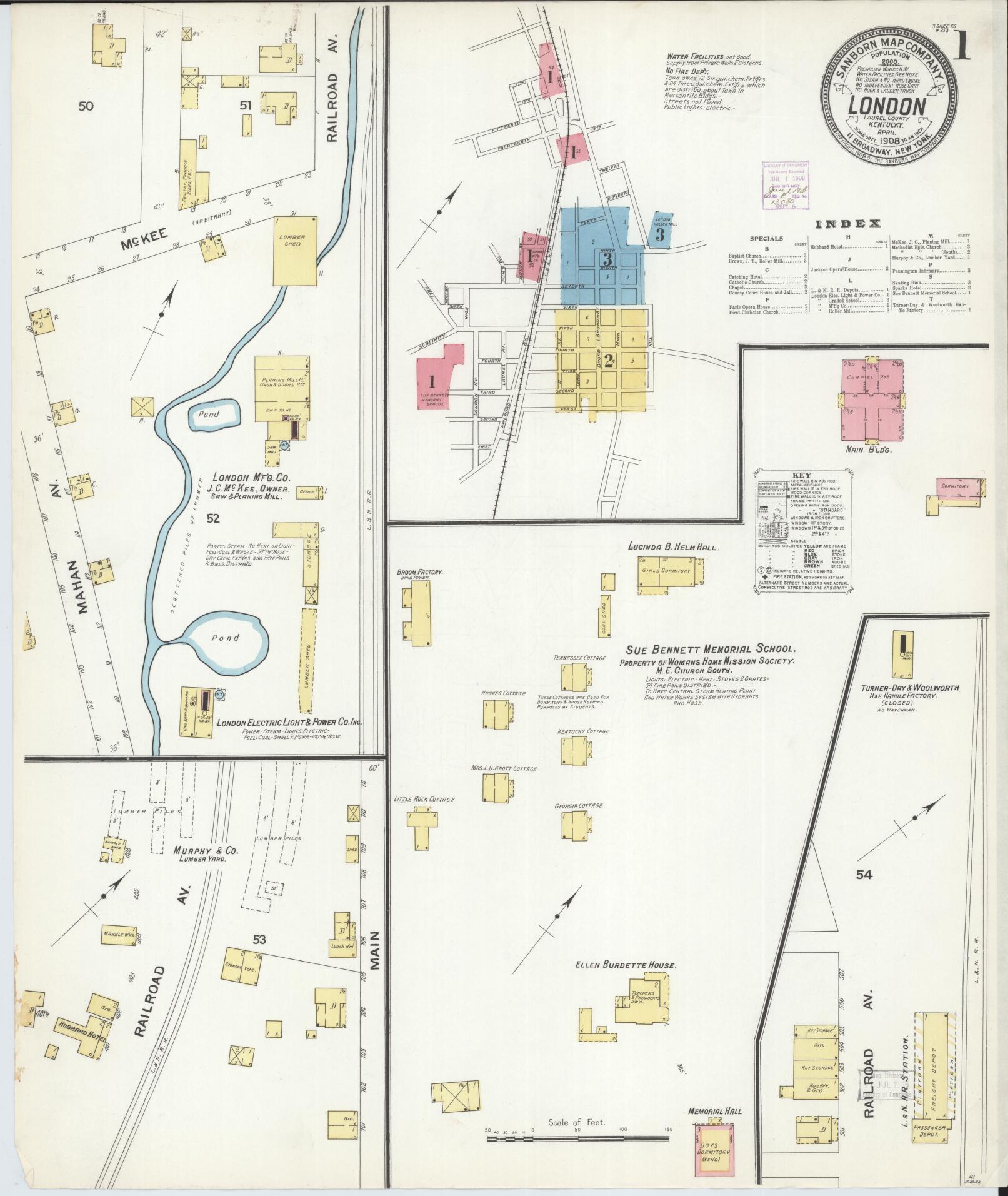 Sanborn Fire Insurance Map from London, Laurel County, Kentucky (1908), Sheet #0001 - Complete Map Set gallery image, historic Sanborn map, vintage wall art, Kentucky Kentucky